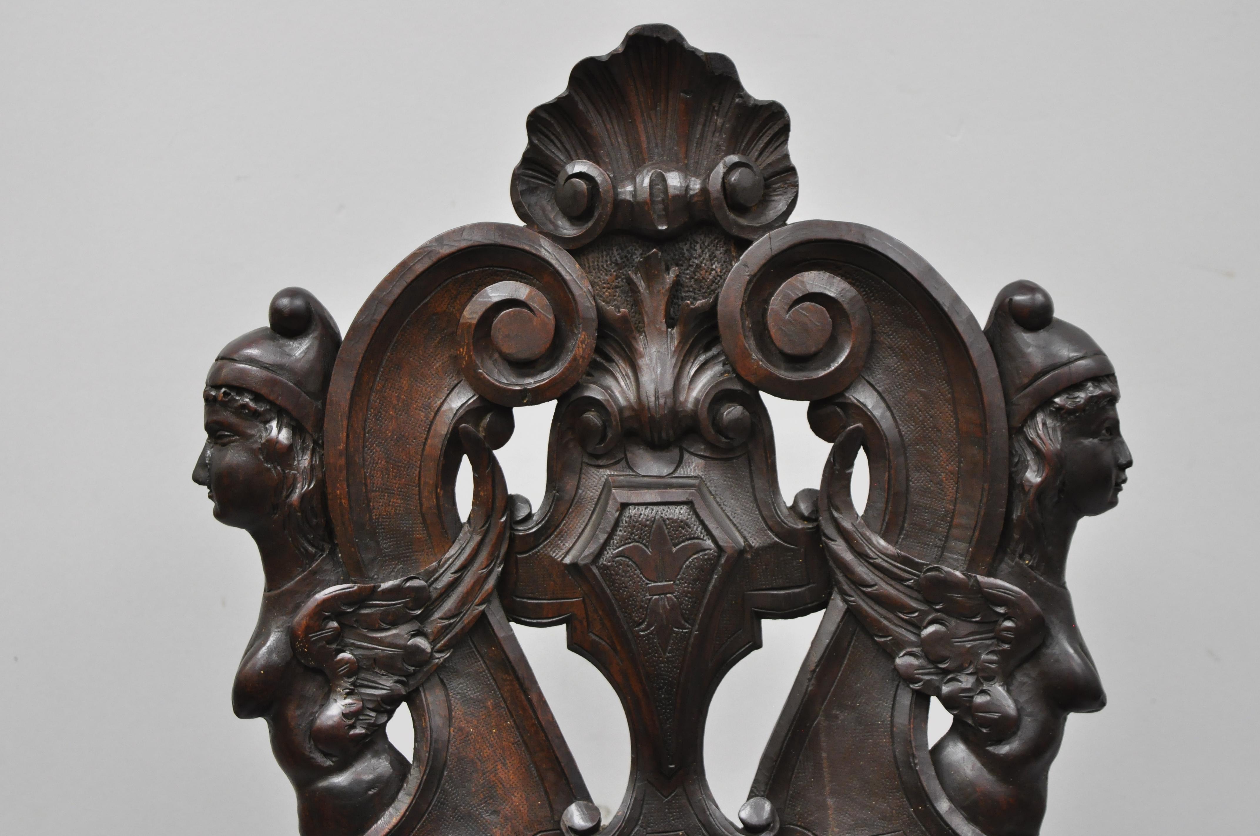 19th Century Italian Carved Walnut Figural Sgabello Chair with Winged Maidens 1