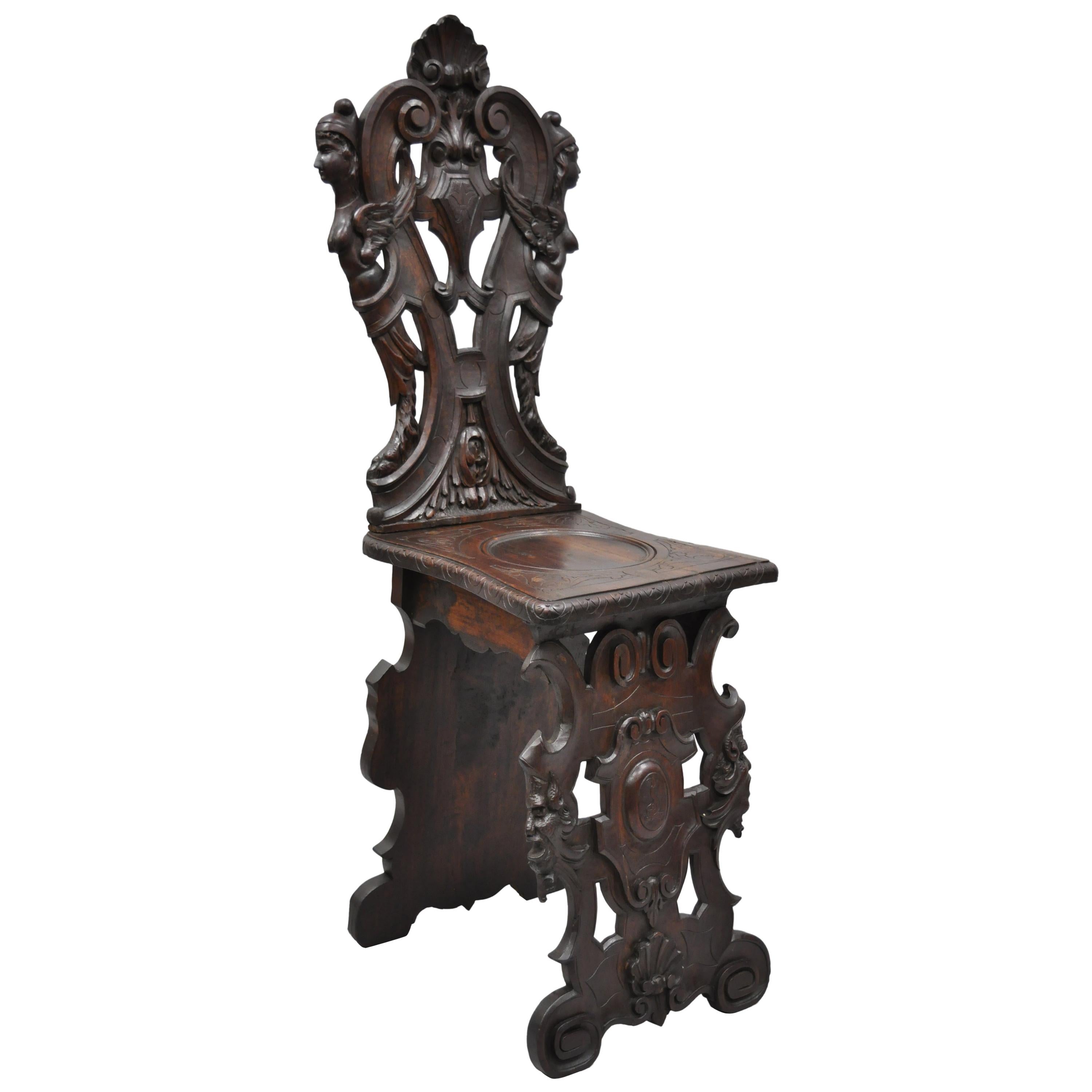 19th Century Italian Carved Walnut Figural Sgabello Chair with Winged Maidens