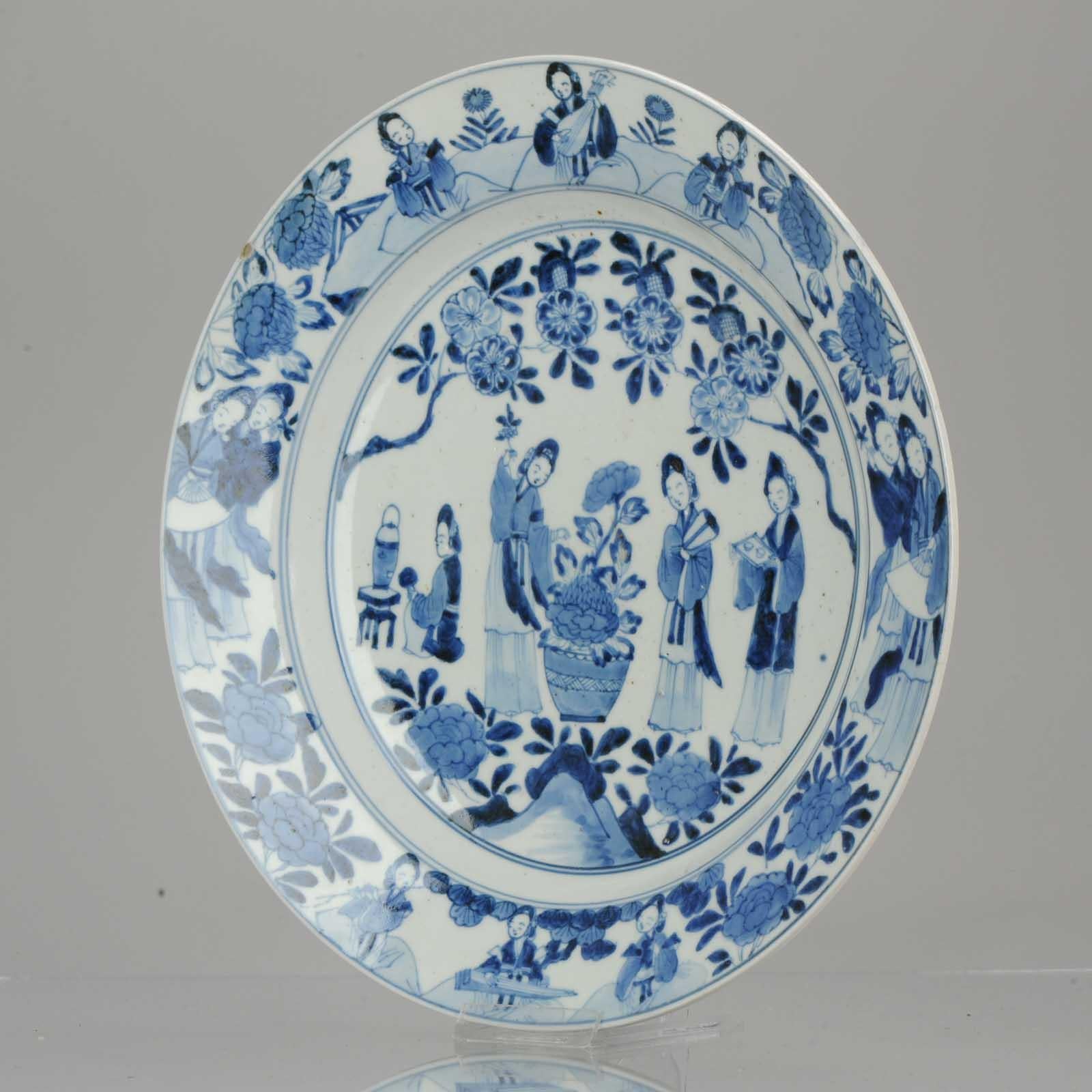 Antique 19th Century Japanese Porcelain Blue White Dish Figures Making Music 6