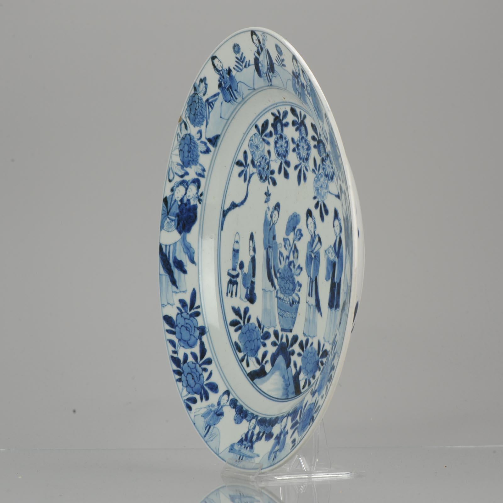 Antique 19th Century Japanese Porcelain Blue White Dish Figures Making Music 7