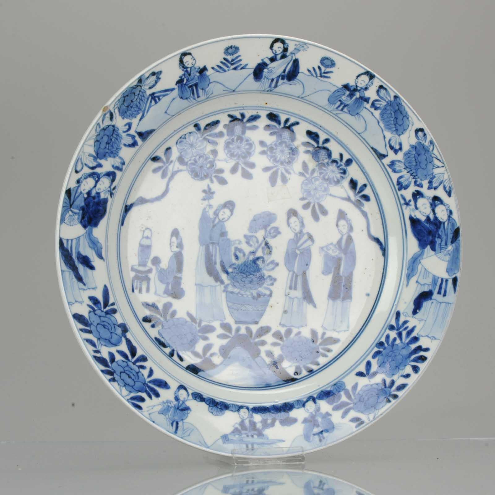Antique 19th Century Japanese Porcelain Blue White Dish Figures Making Music 5