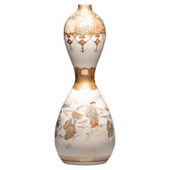 Vase japonais ancien à double gourde Satsuma du 19ème siècle avec paysage du Japon