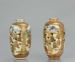 Antique 19th Century Satsuma Pair of Mini Vases Japan Figures Meiji Period