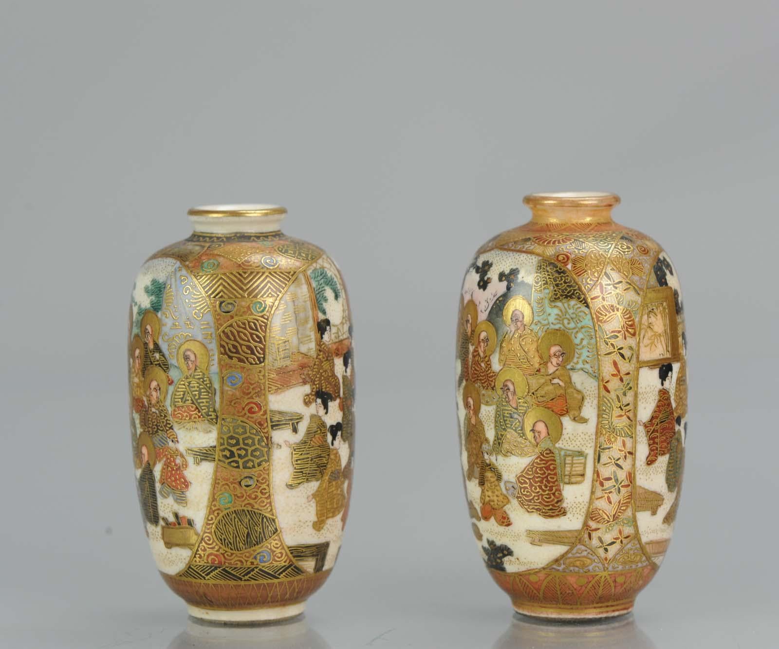 Japanese Antique 19th Century Satsuma Pair of Mini Vases Japan Figures Meiji Period For Sale