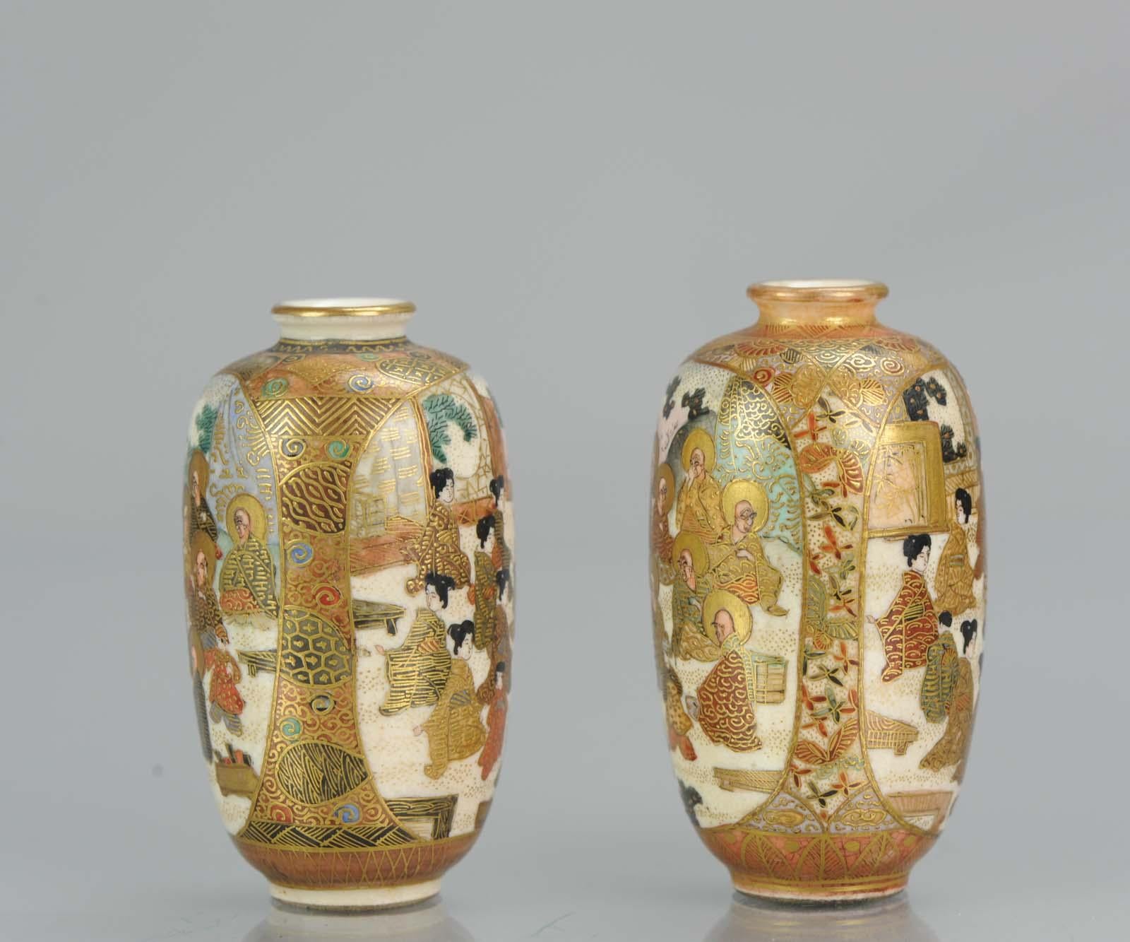 Antique 19th Century Satsuma Pair of Mini Vases Japan Figures Meiji Period In Excellent Condition For Sale In Amsterdam, Noord Holland