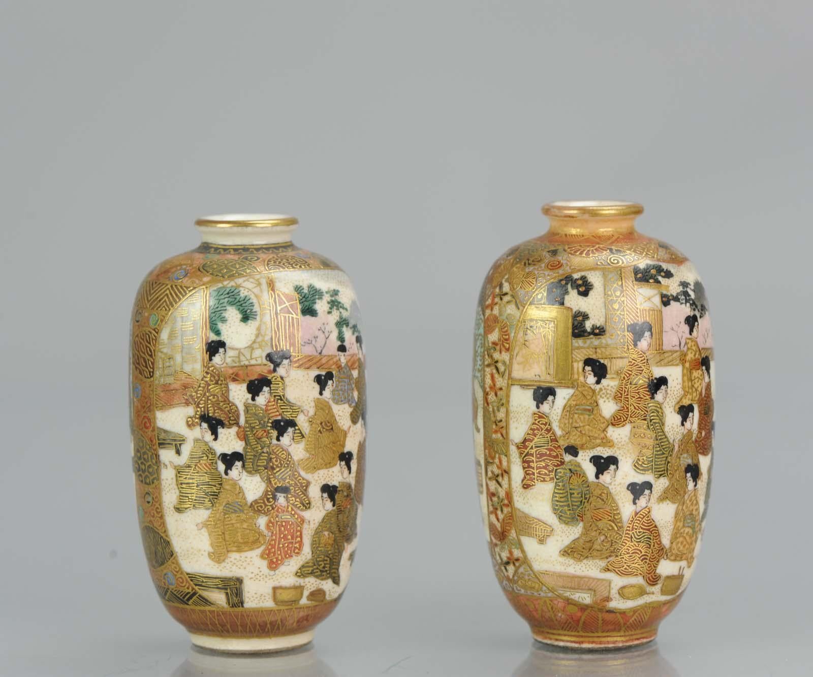 Earthenware Antique 19th Century Satsuma Pair of Mini Vases Japan Figures Meiji Period For Sale