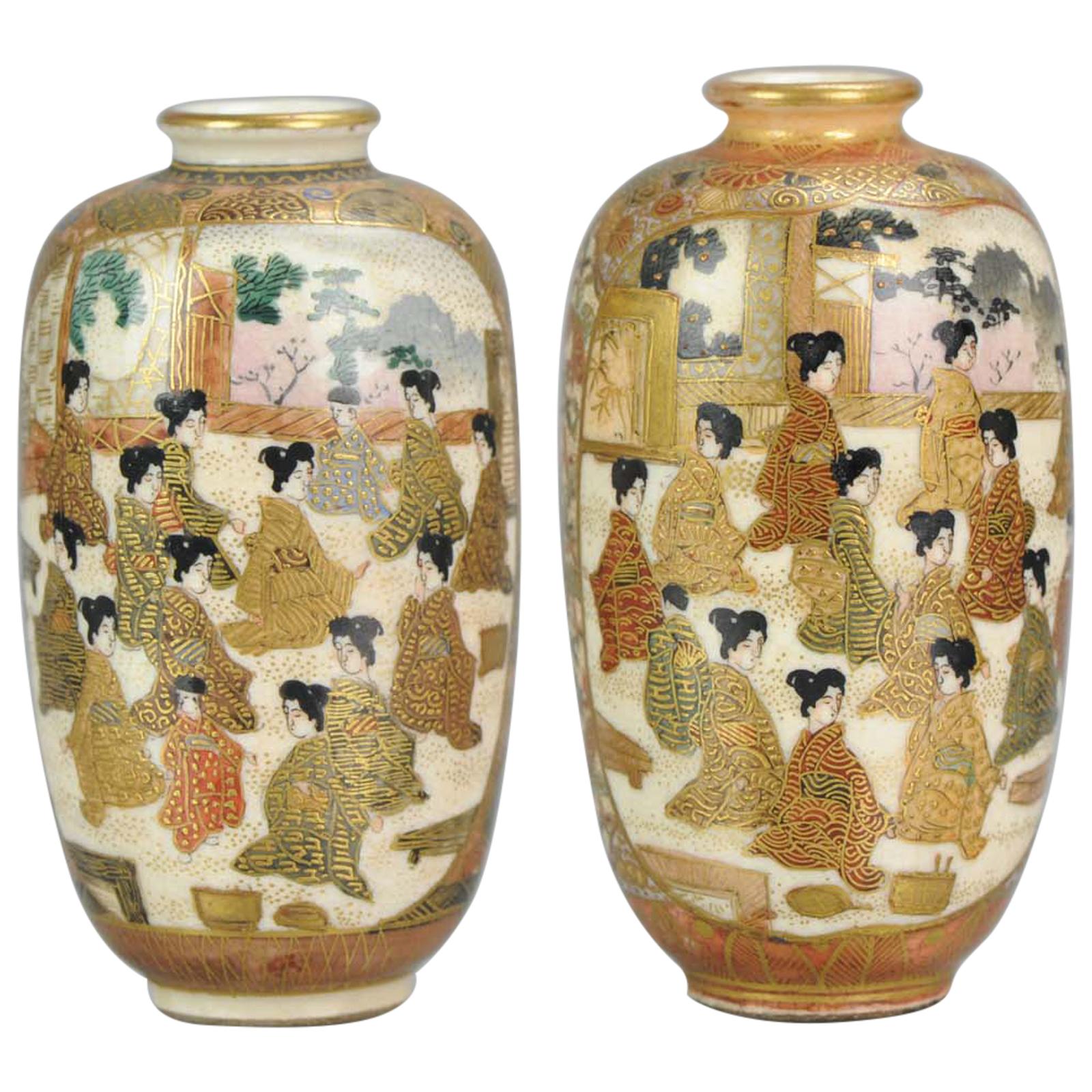 Antique 19th Century Satsuma Pair of Mini Vases Japan Figures Meiji Period