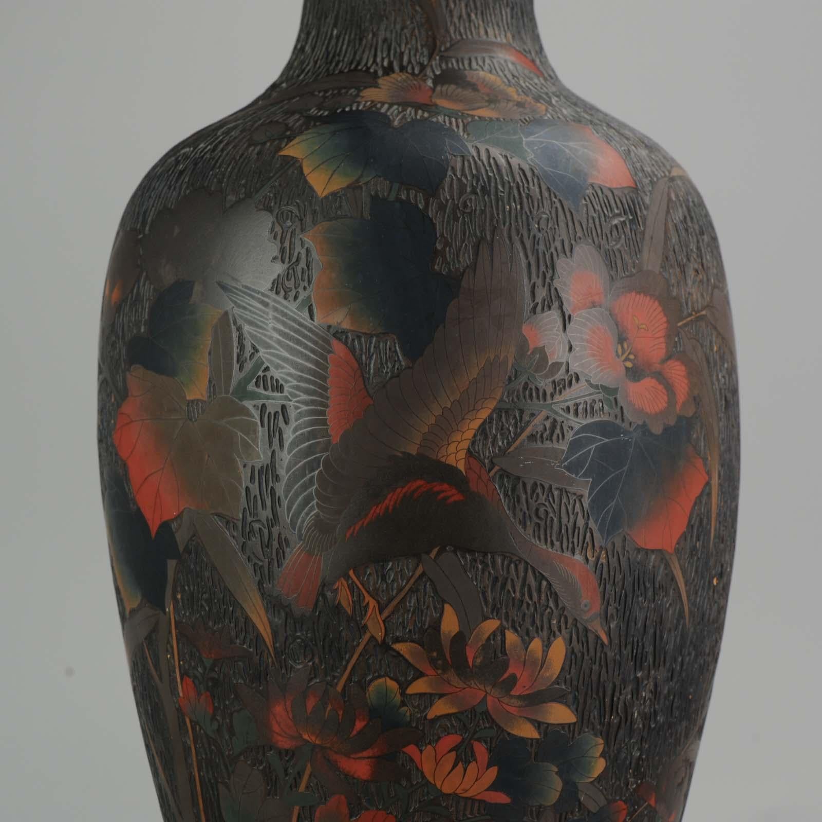 Antique 19th C Japanese Totai Shippo Tree Bark Cloisonne Vase Goose Butterflies 3