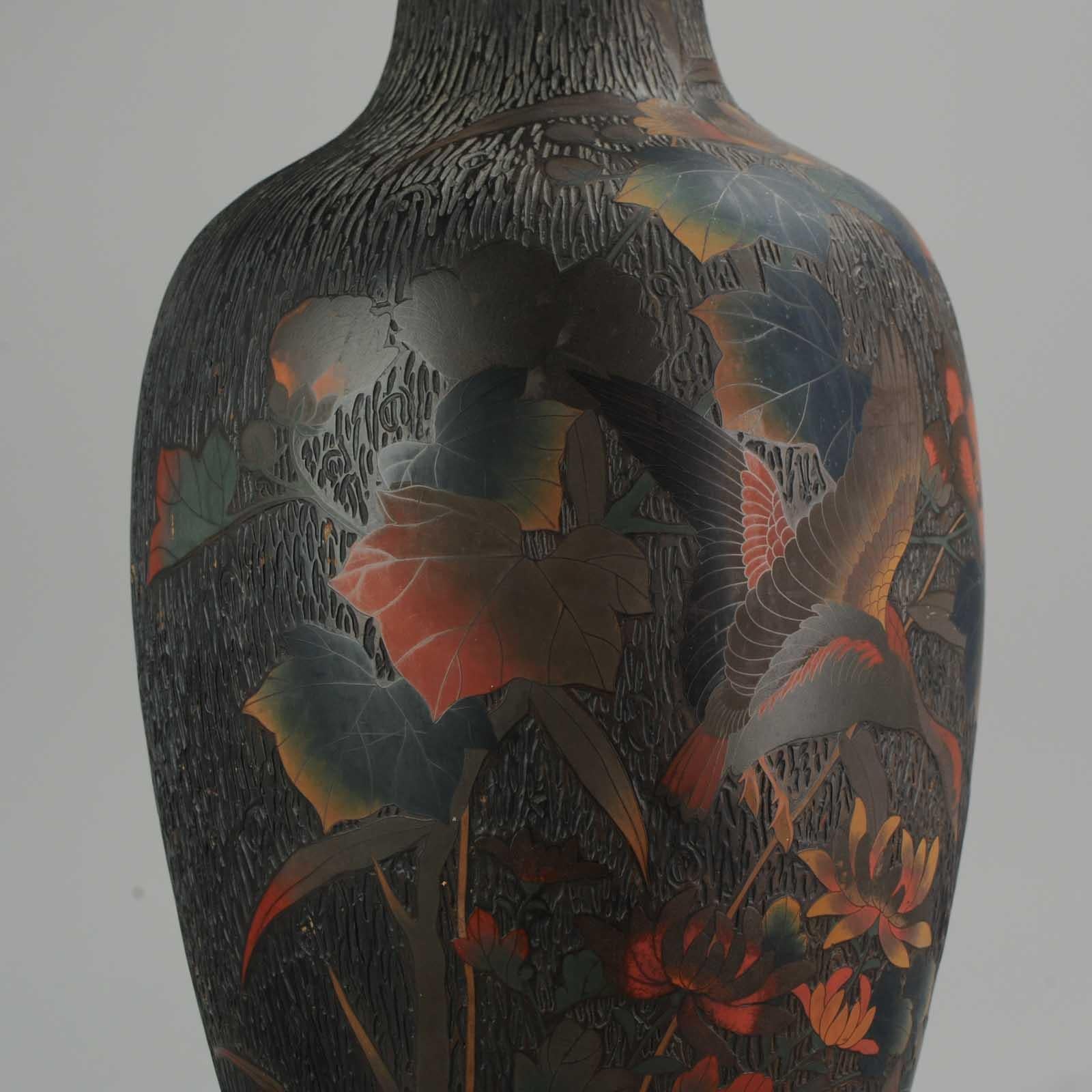 Antique 19th C Japanese Totai Shippo Tree Bark Cloisonne Vase Goose Butterflies 4