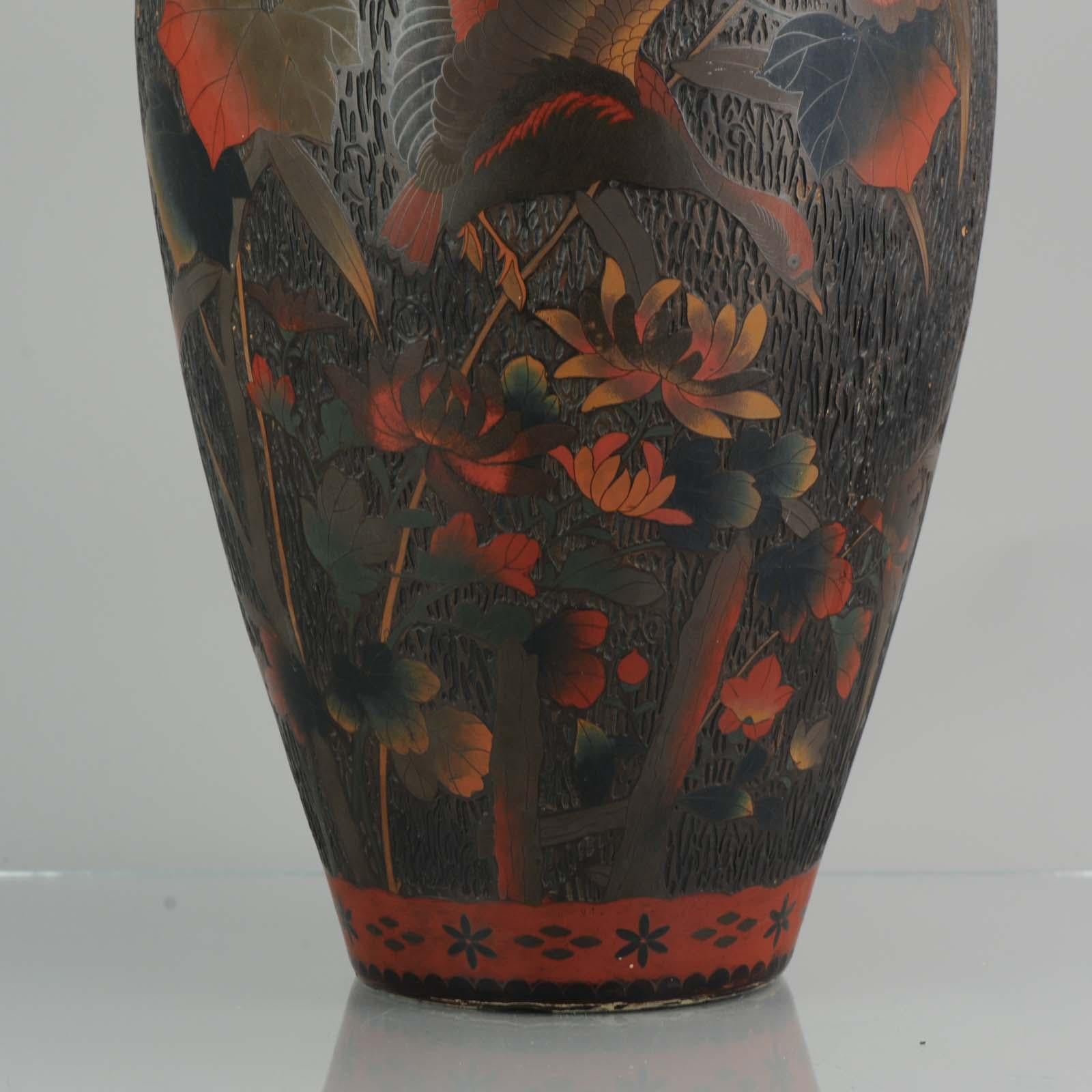 Antique 19th C Japanese Totai Shippo Tree Bark Cloisonne Vase Goose Butterflies 5
