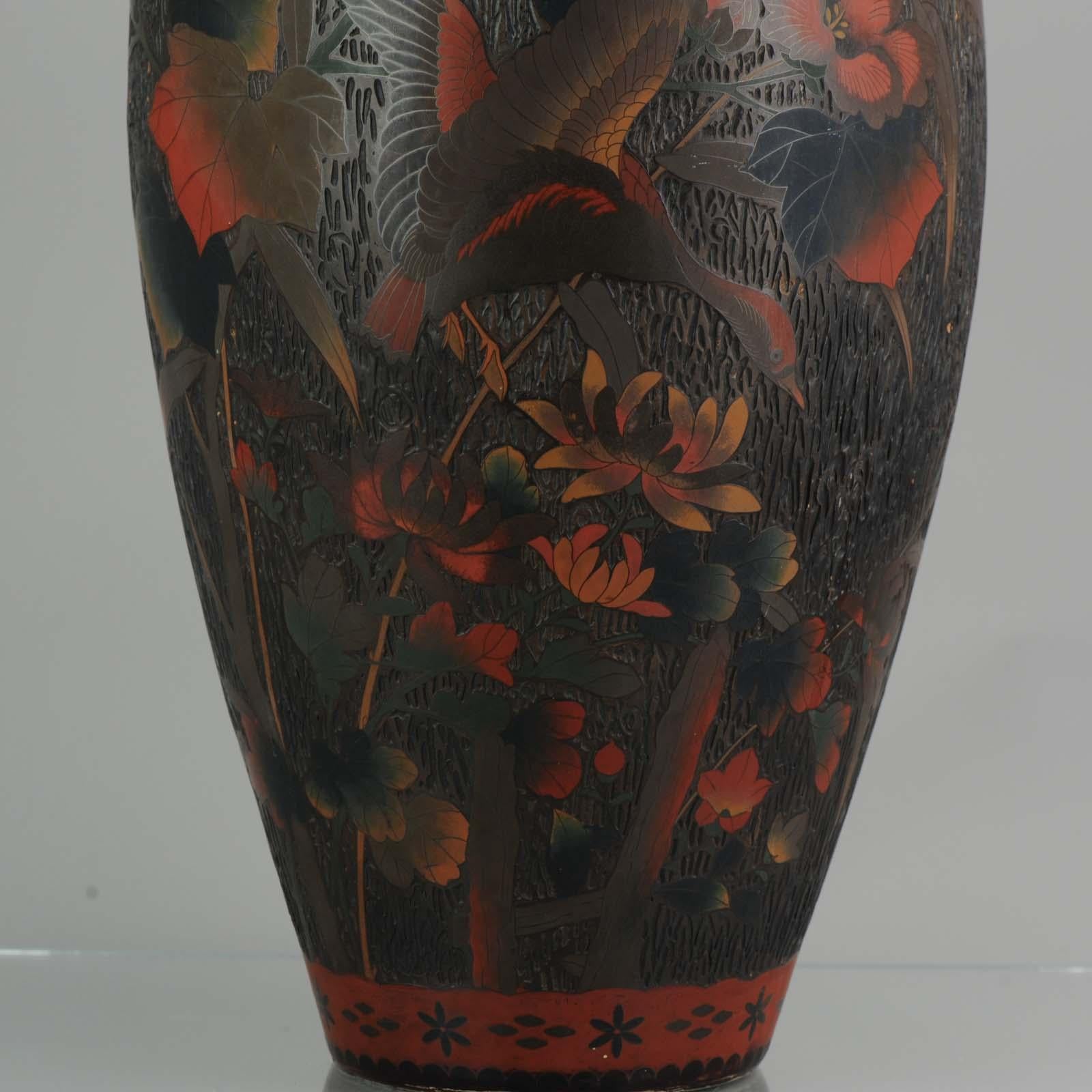 Antique 19th C Japanese Totai Shippo Tree Bark Cloisonne Vase Goose Butterflies 6