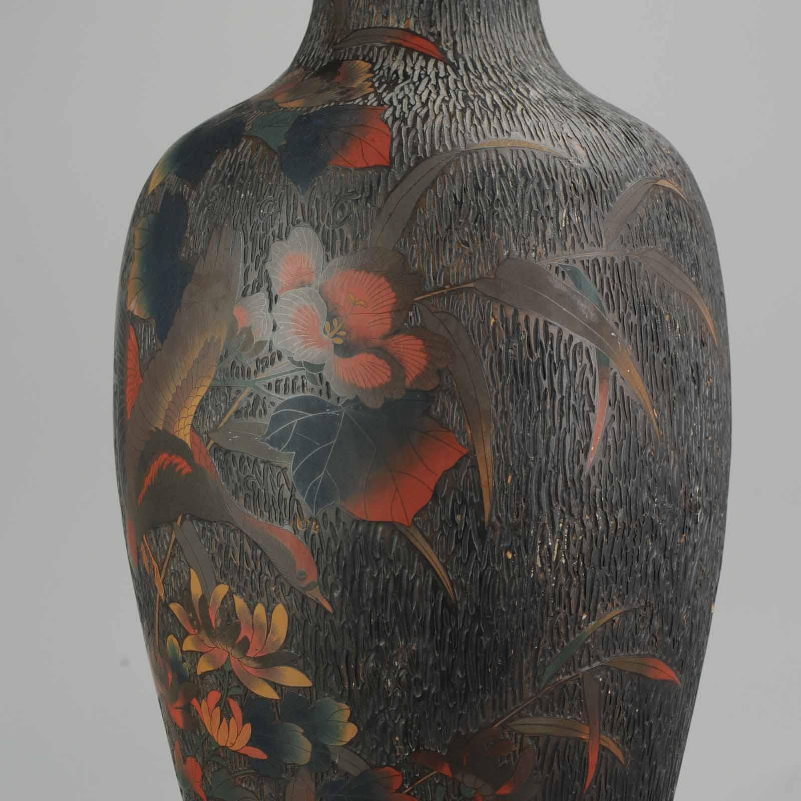 Antique 19th C Japanese Totai Shippo Tree Bark Cloisonne Vase Goose Butterflies 7