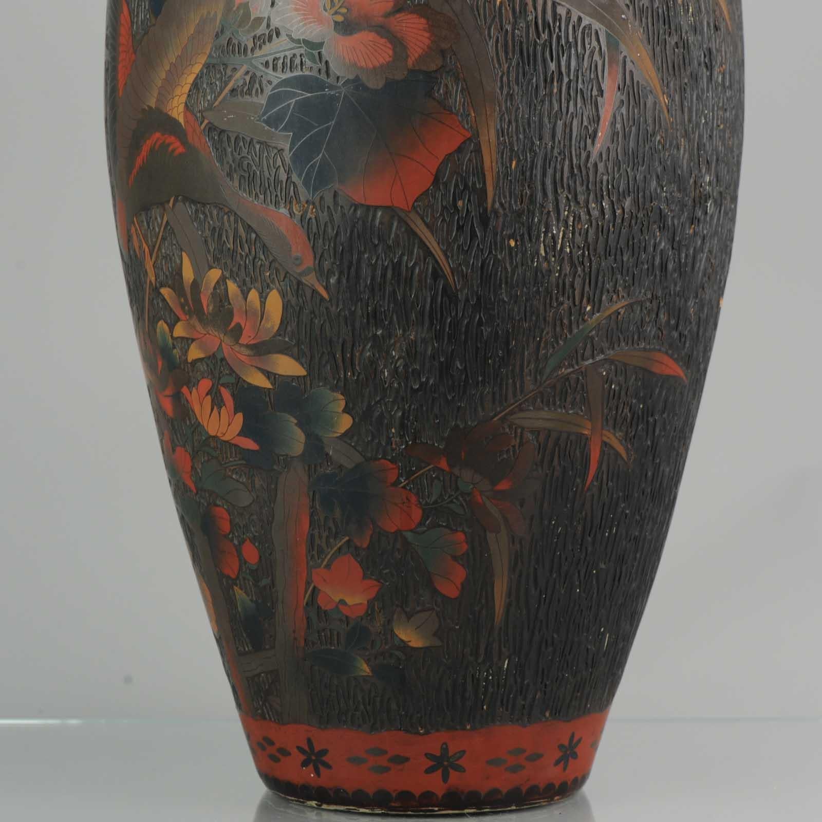 Antique 19th C Japanese Totai Shippo Tree Bark Cloisonne Vase Goose Butterflies 9
