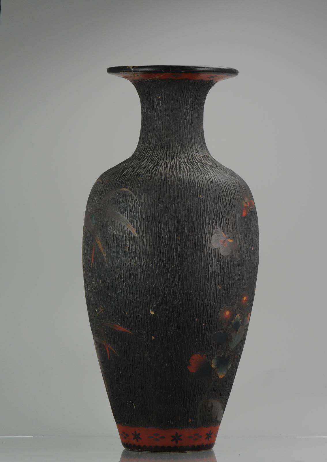 Earthenware Antique 19th C Japanese Totai Shippo Tree Bark Cloisonne Vase Goose Butterflies