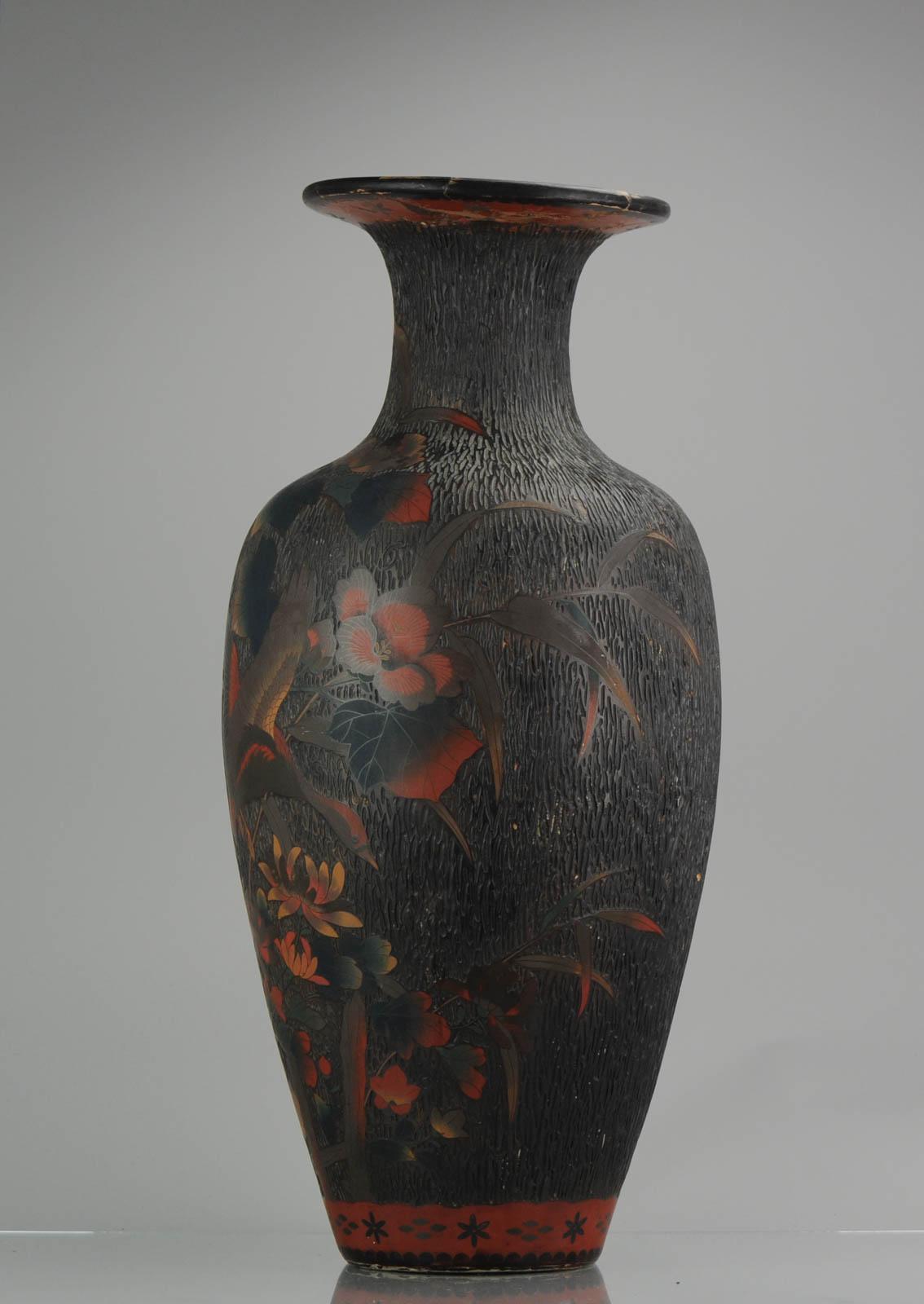 Antique 19th C Japanese Totai Shippo Tree Bark Cloisonne Vase Goose Butterflies 1
