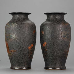 Antique 19th Century Japanese Totai Shippo Tree Bark Cloisonne Vases Marked