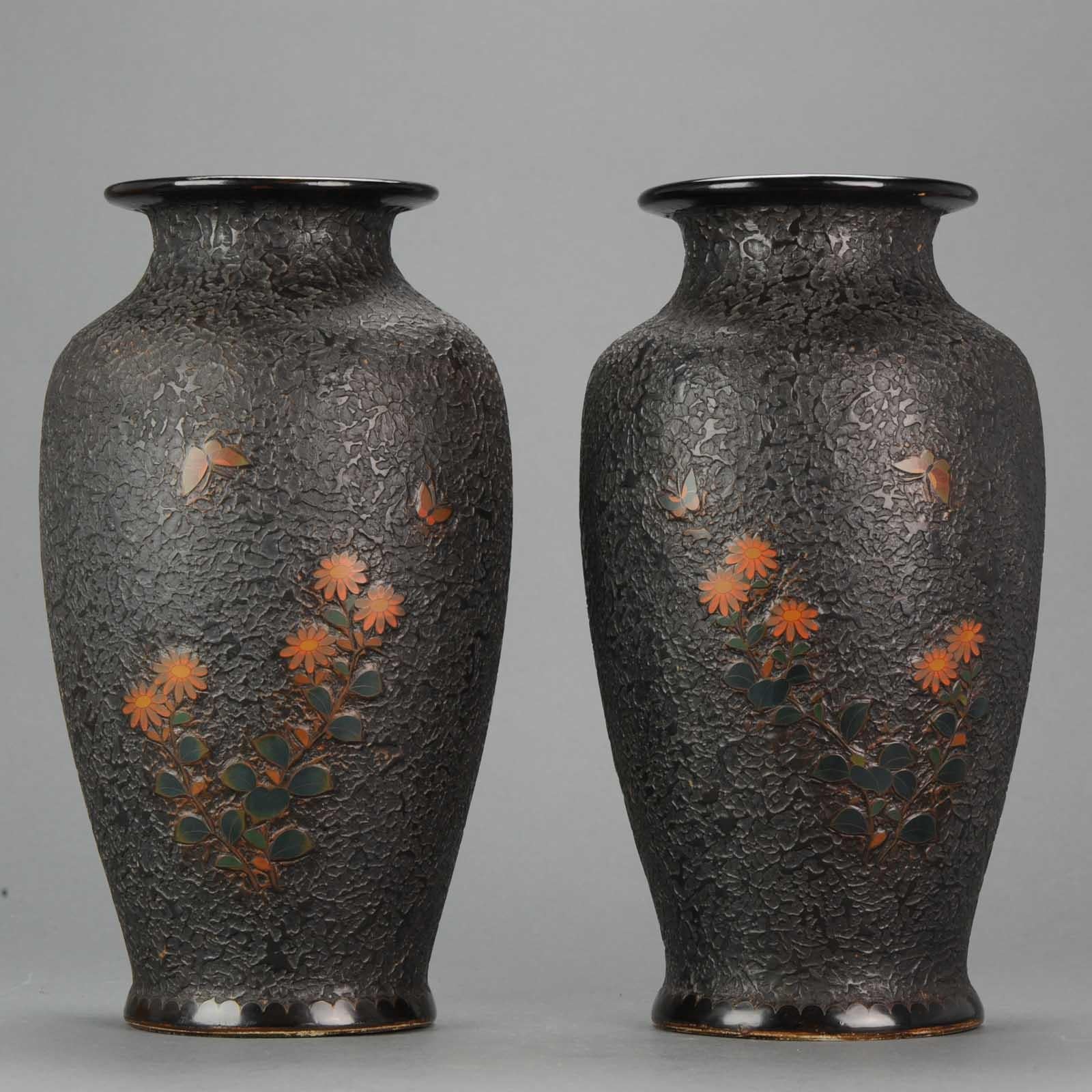 Meiji Antique 19th Century Japanese Totai Shippo Tree Bark Cloisonne Vases Marked