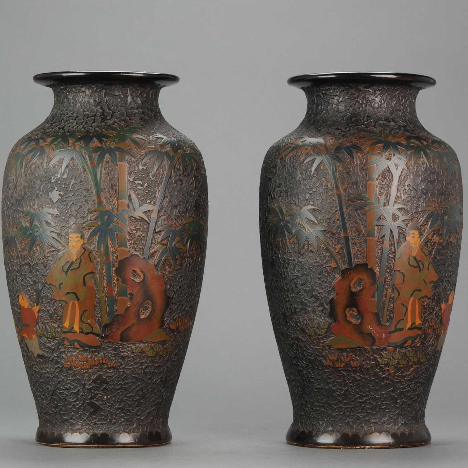 Antique 19th Century Japanese Totai Shippo Tree Bark Cloisonne Vases Marked 4