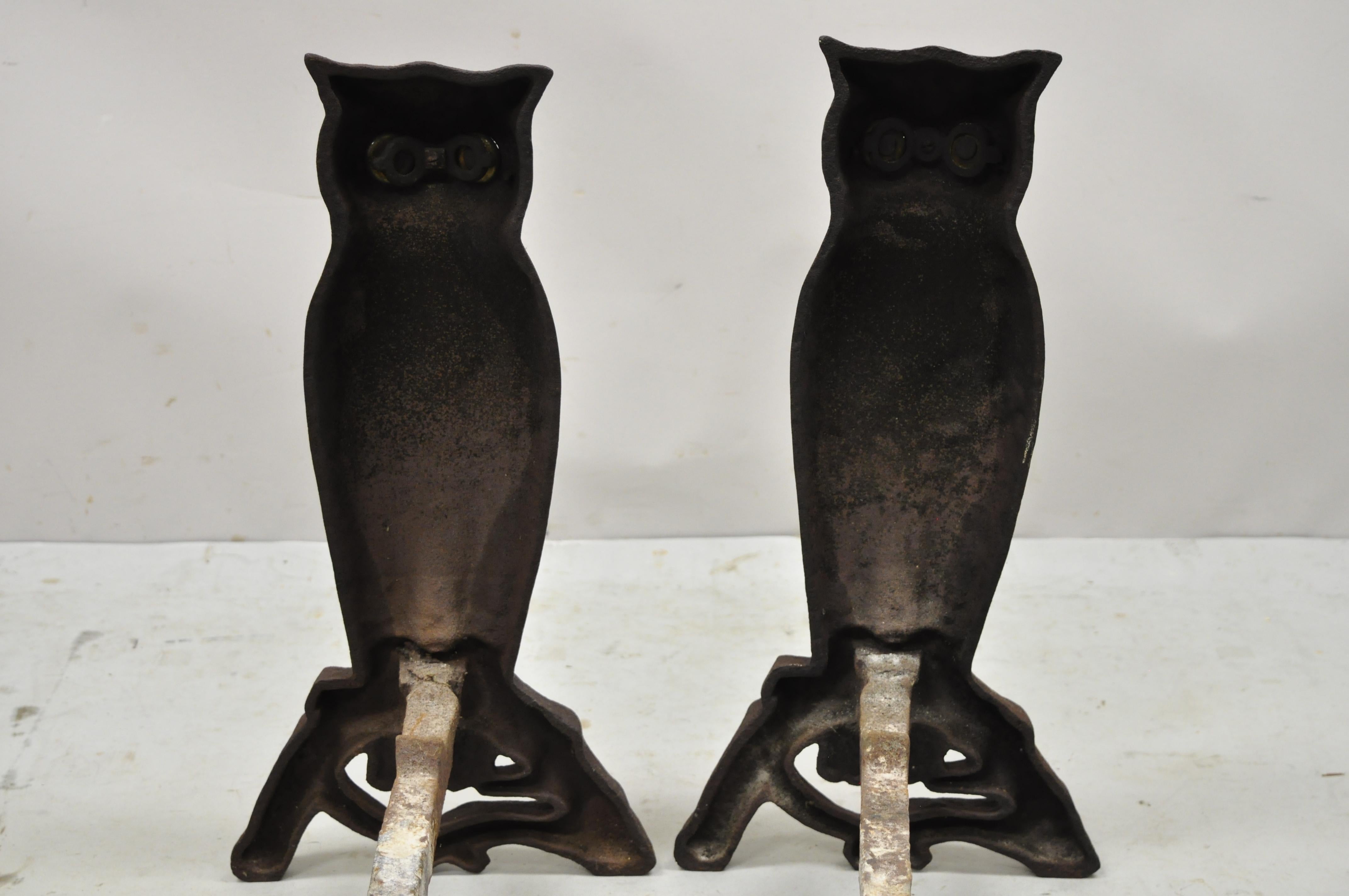 Antique 19th C Large Cast Iron Glass Eyes Owl Andirons Fireplace, a Pair 1