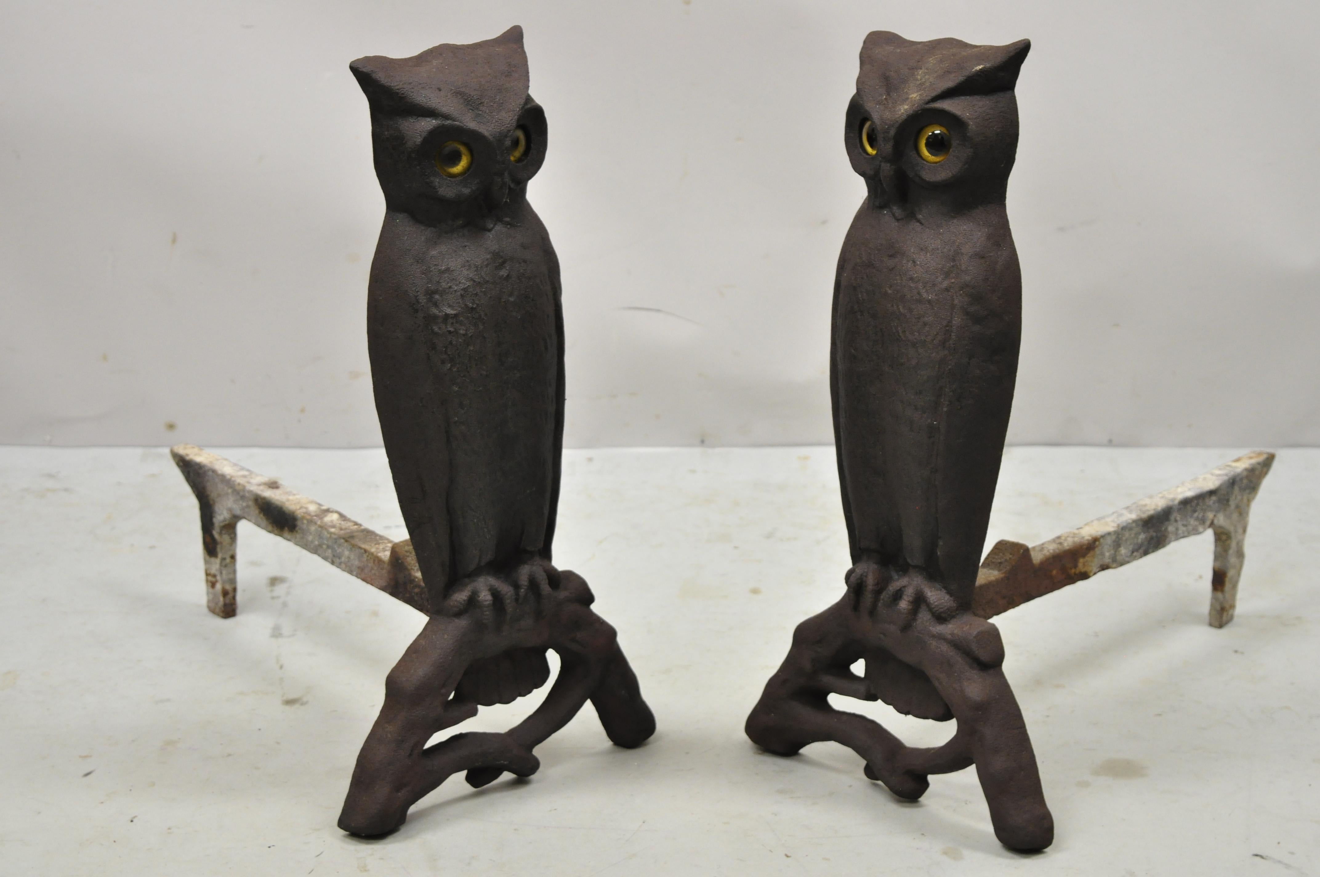 Antique 19th C Large Cast Iron Glass Eyes Owl Andirons Fireplace, a Pair 2