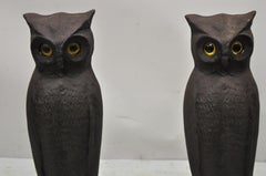 Antique 19th C Large Cast Iron Glass Eyes Owl Andirons Fireplace, a Pair