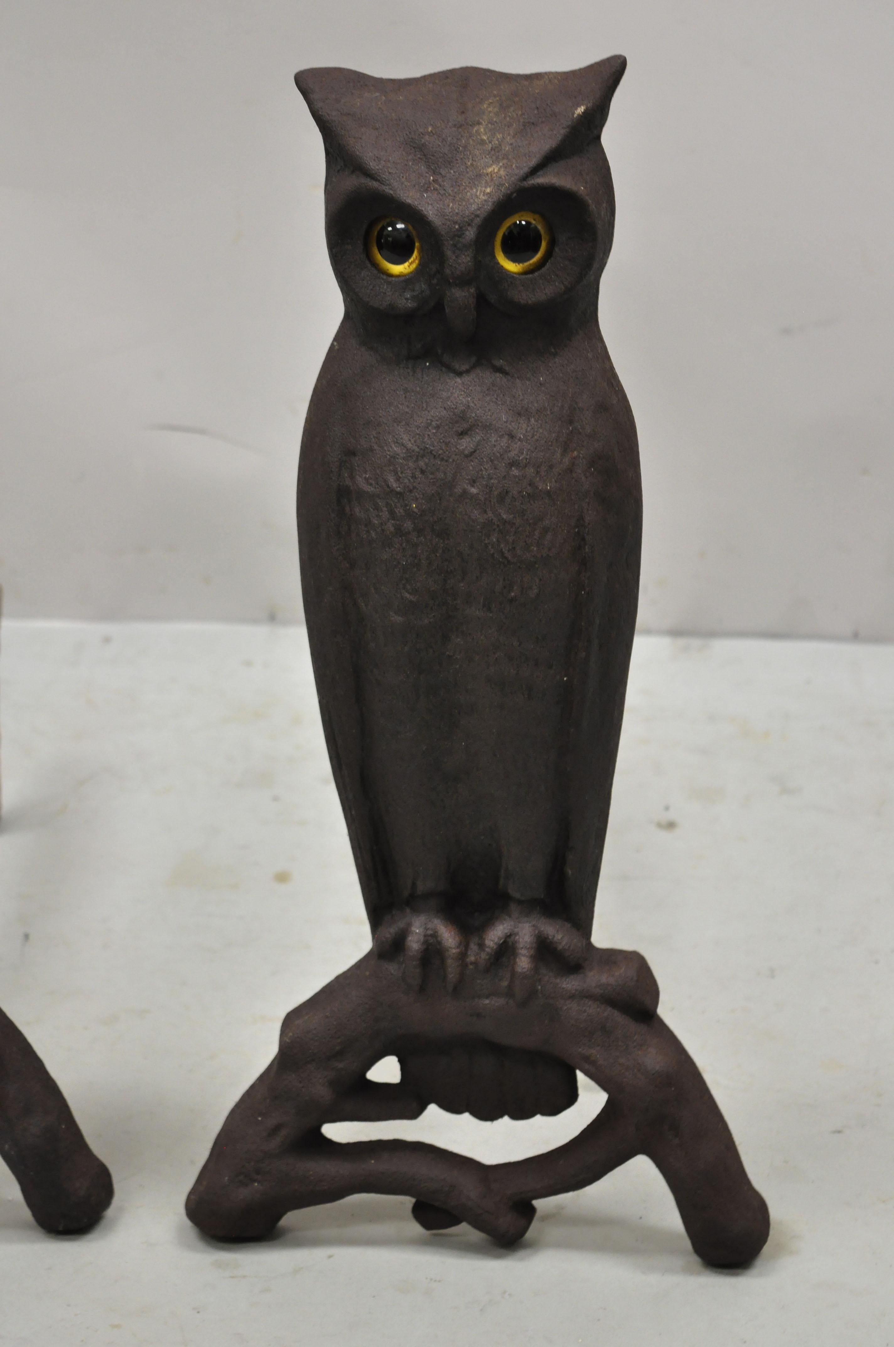 Victorian Antique 19th C Large Cast Iron Glass Eyes Owl Andirons Fireplace, a Pair