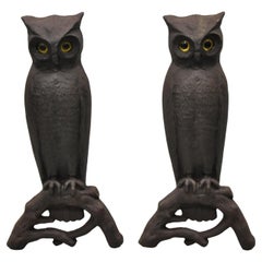 Vintage 19th C Large Cast Iron Glass Eyes Owl Andirons Fireplace, a Pair