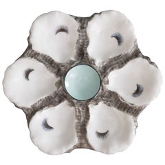 Ancienne assiette à huîtres française en porcelaine grise et turquoise de Limoges du 19ème siècle