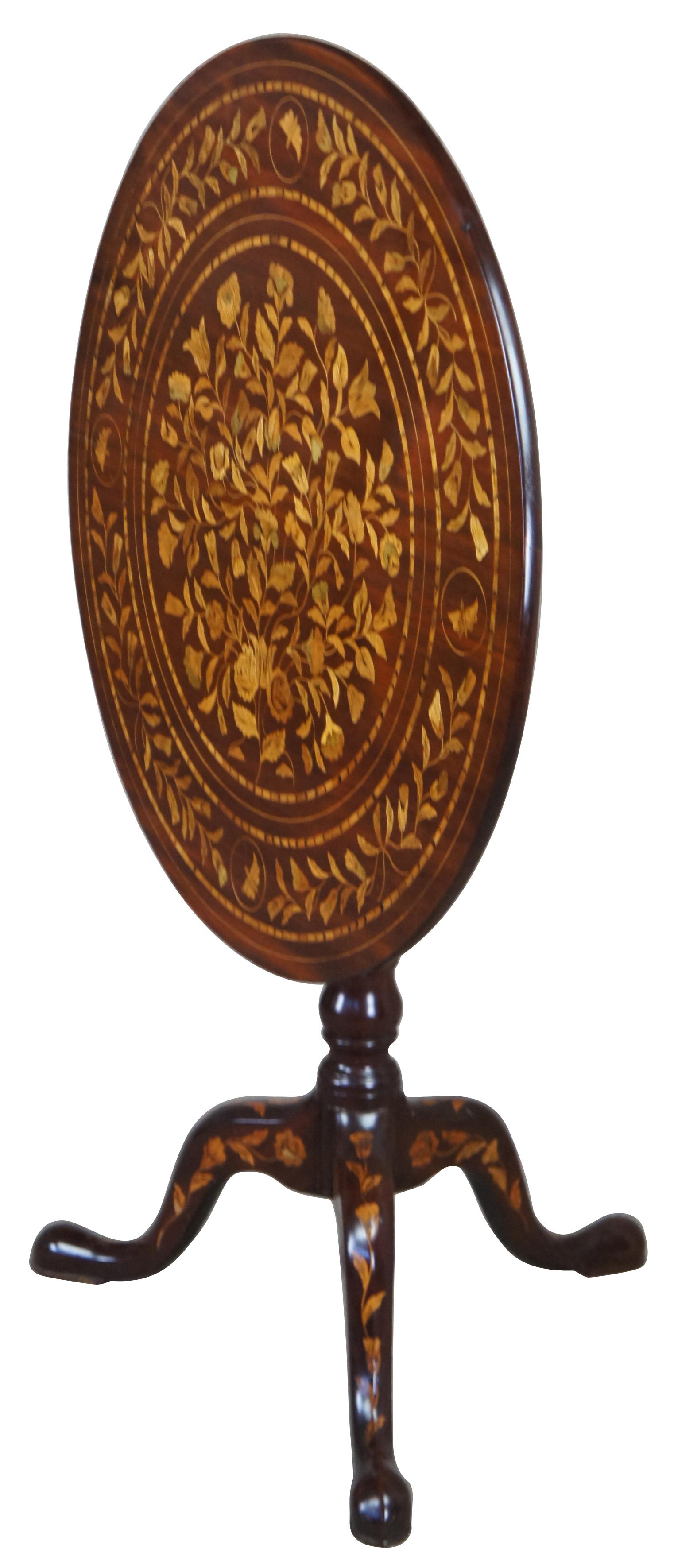 Victorian Antique 19th C. Mahogany & Dutch Marquetry Inlaid Tilt Top Tea Pedestal Table