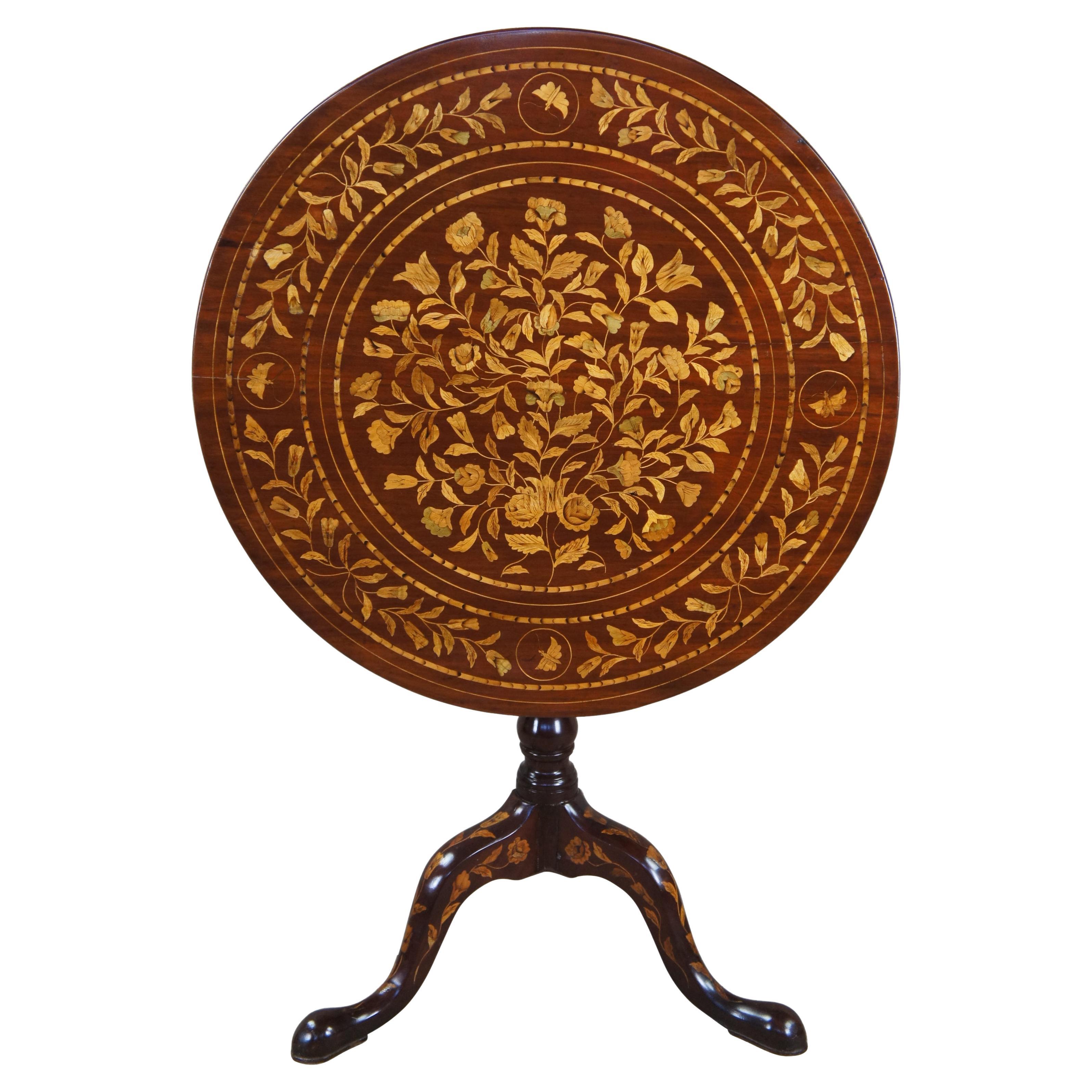 Antique 19th C. Mahogany & Dutch Marquetry Inlaid Tilt Top Tea Pedestal Table