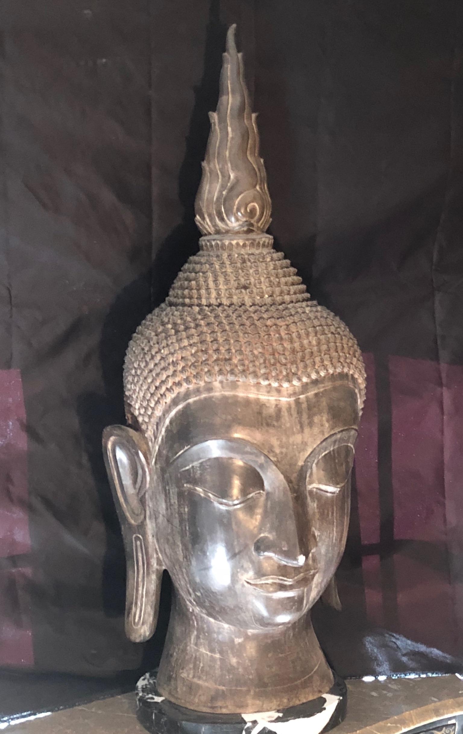 Cast Antique 19th Century Monumental Thai Bronze Buddha on Antique Marble Base For Sale