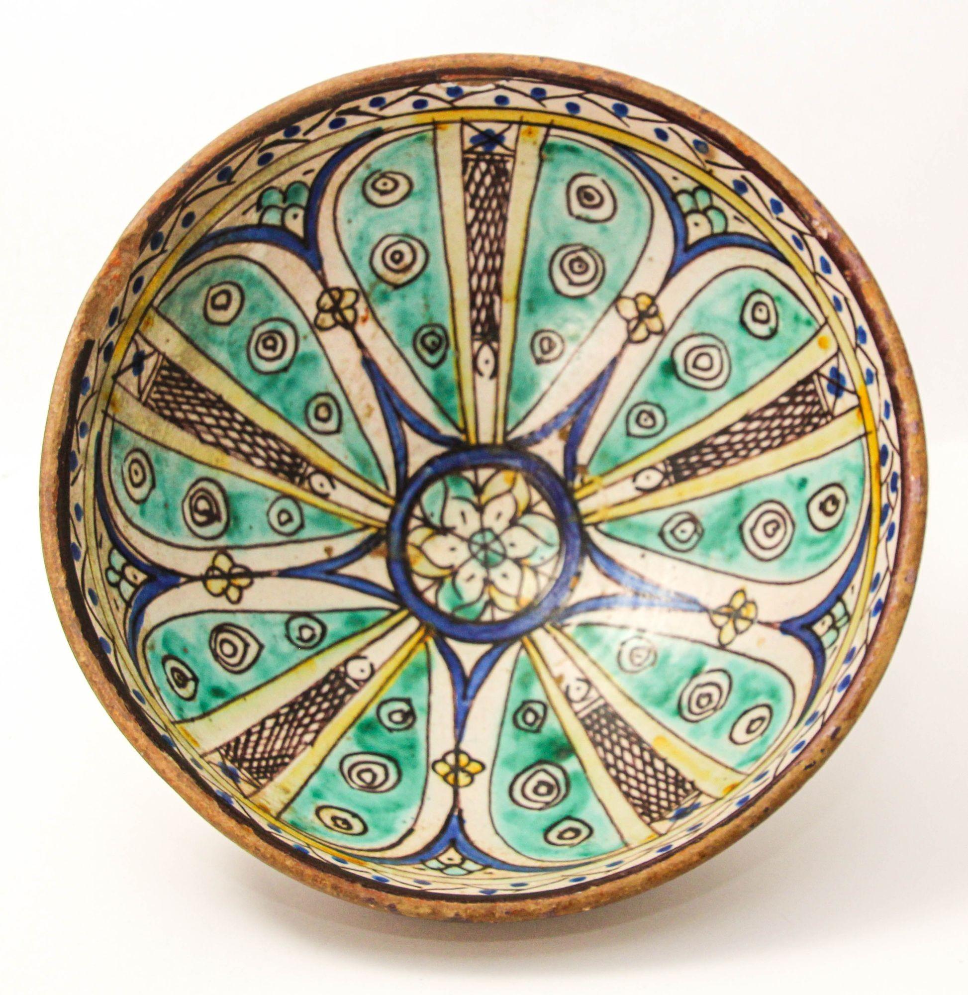 Antique 19th C. Moroccan Ceramic Bowl Polychrome Footed Dish Fez For Sale 9