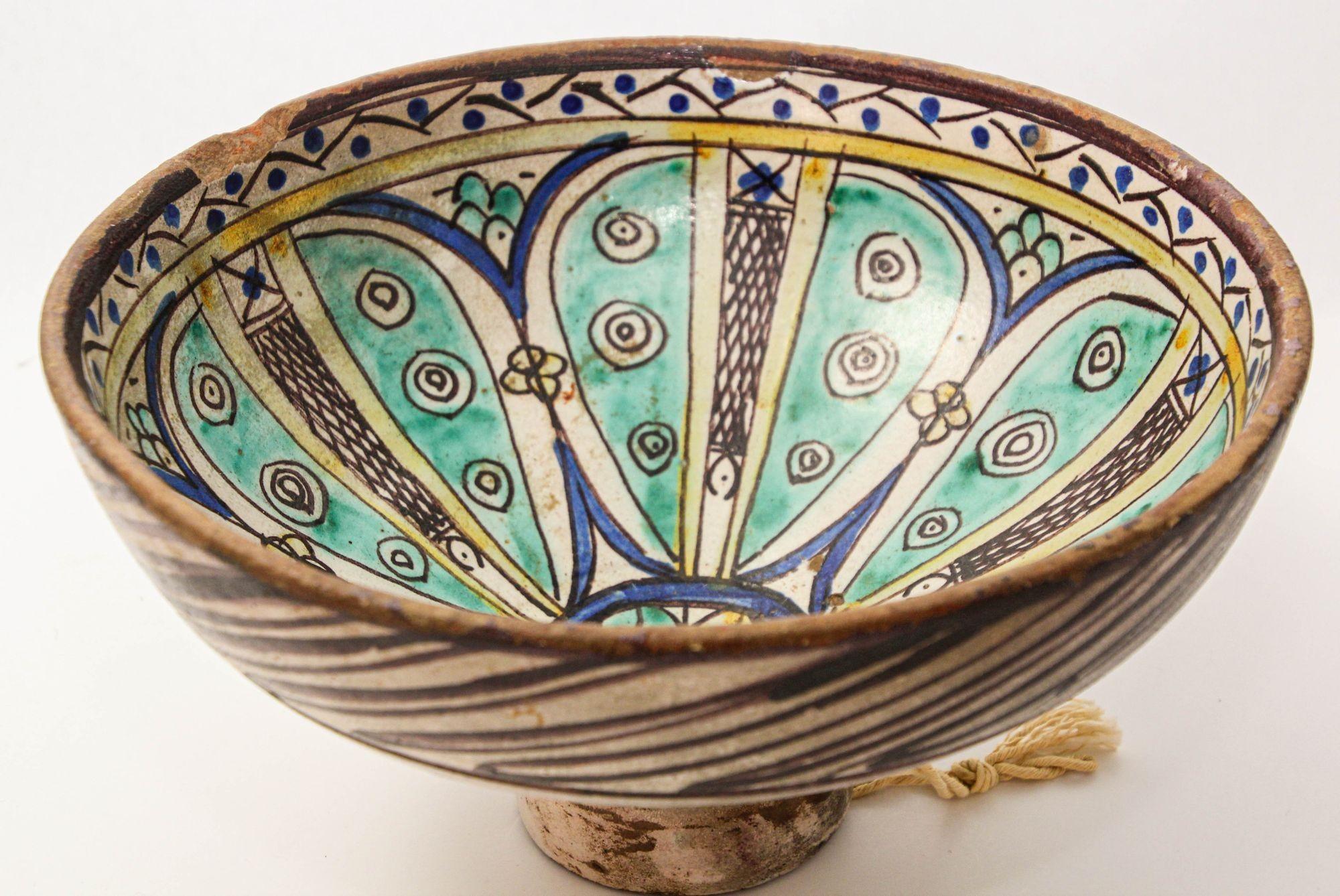Antique 19th C. Moroccan Ceramic Bowl Polychrome Footed Dish Fez In Good Condition For Sale In North Hollywood, CA
