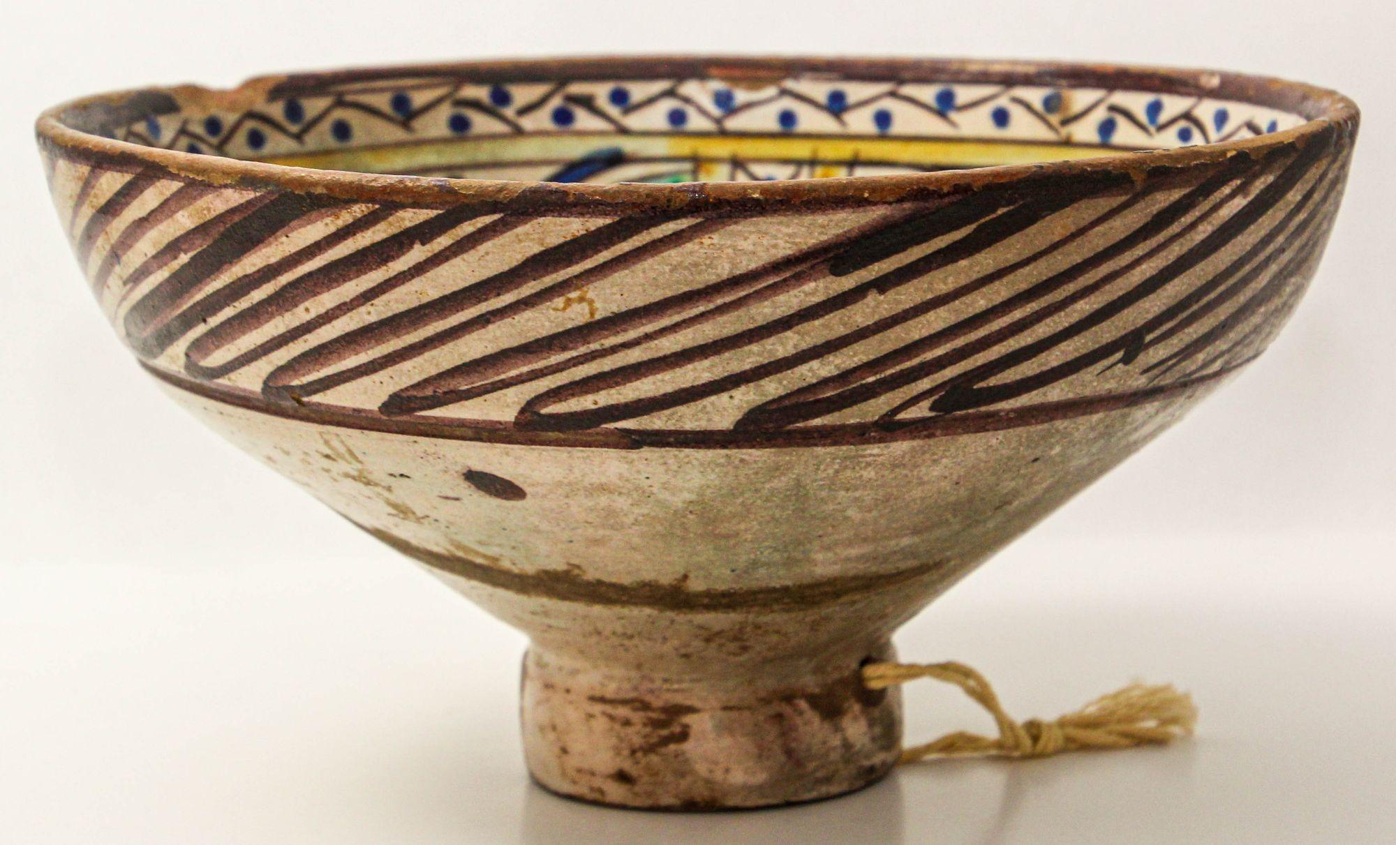 Antique 19th C. Moroccan Ceramic Bowl Polychrome Footed Dish Fez For Sale 2