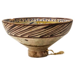 Antique 19th C. Moroccan Ceramic Bowl Polychrome Footed Dish Fez