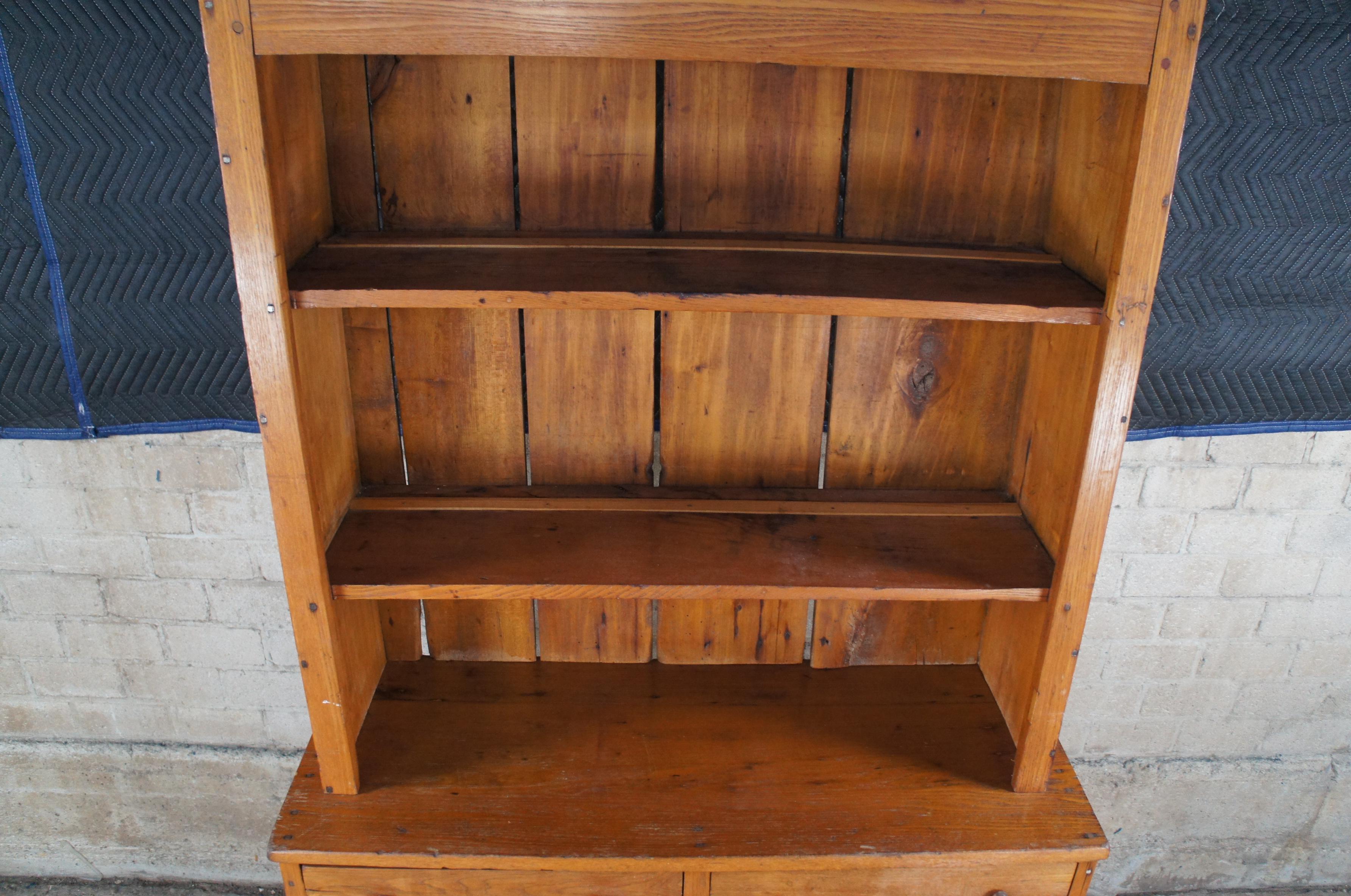 Antique 19th C. Oak Step Back Pewter China Hutch Farmhouse Cupboard Bookcase In Good Condition In Dayton, OH