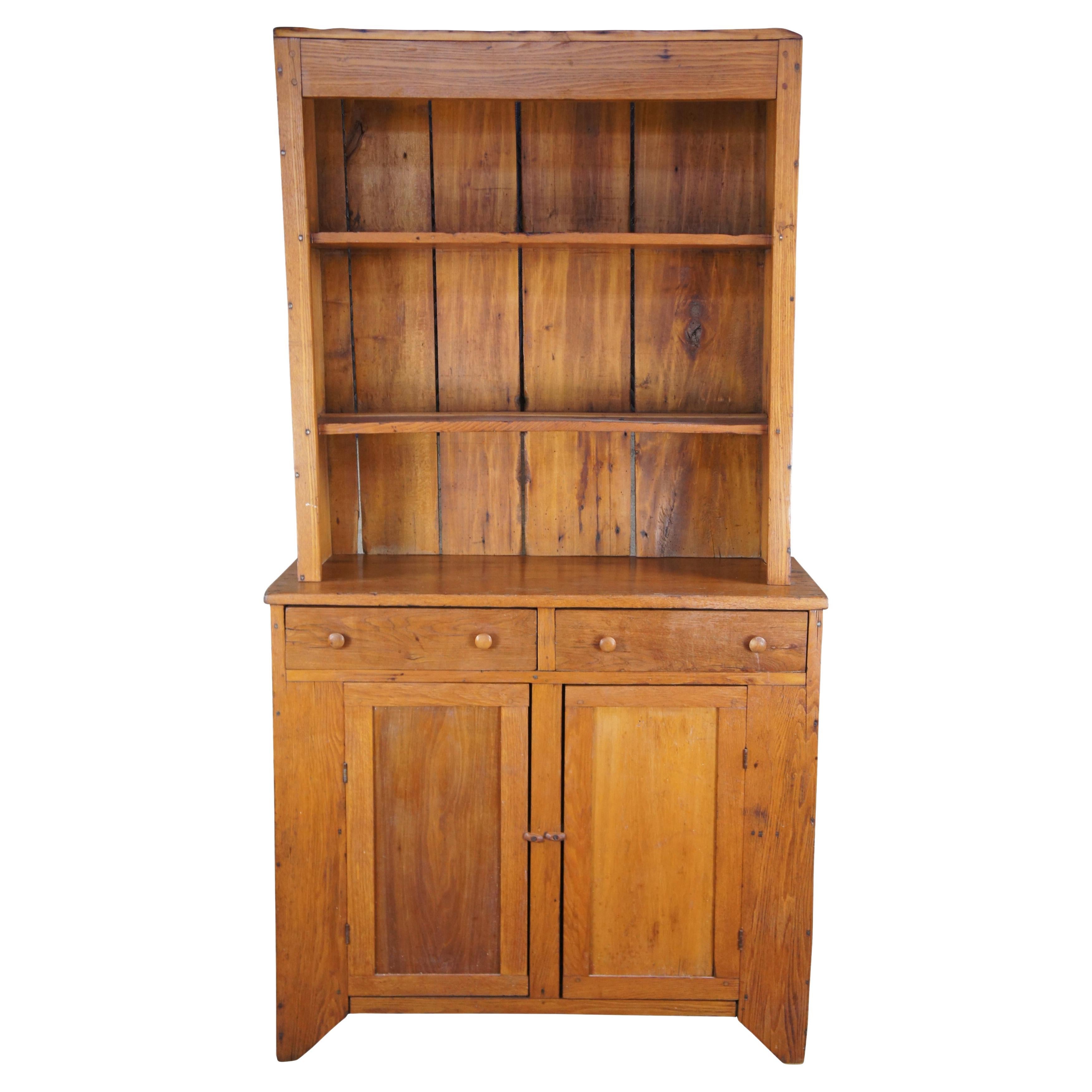 Antique 19th C. Oak Step Back Pewter China Hutch Farmhouse Cupboard Bookcase