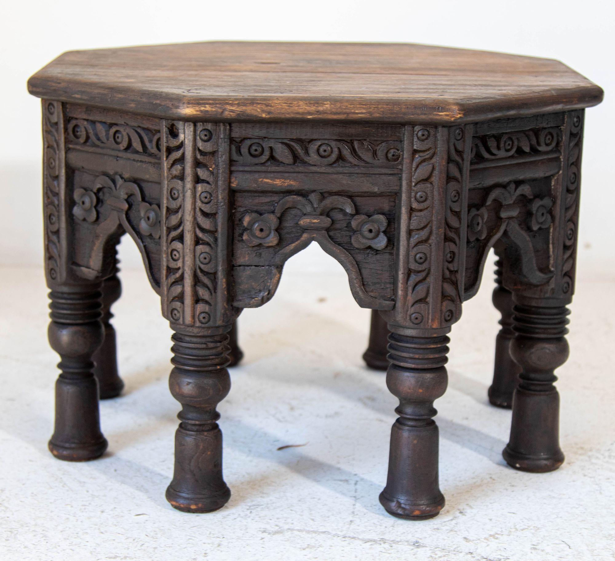 Indian Antique 19th c. Octagonal Moorish Side Table Hand-carved with Geometric Design For Sale