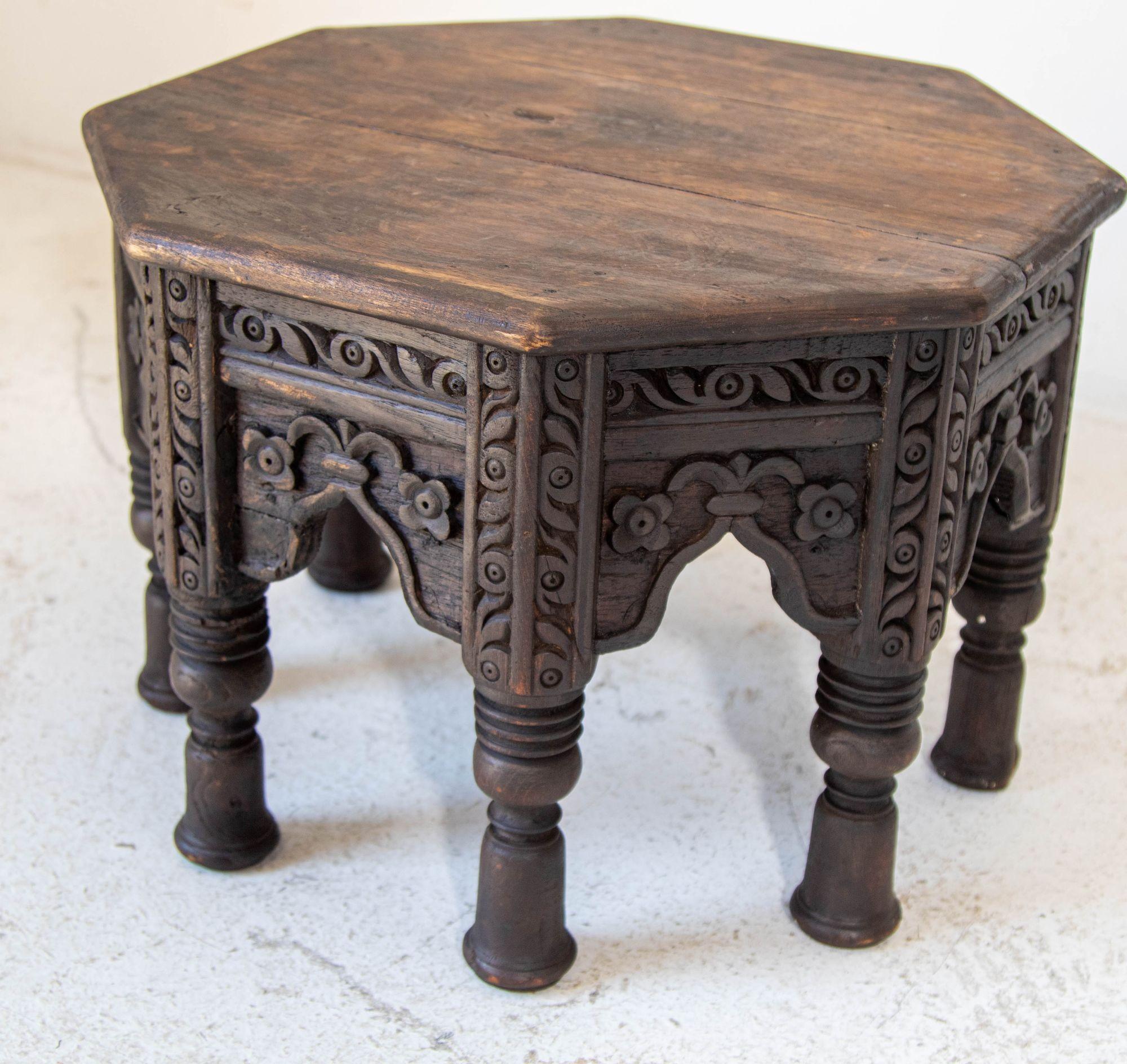 Antique 19th c. Octagonal Moorish Side Table Hand-carved with Geometric Design In Fair Condition For Sale In North Hollywood, CA