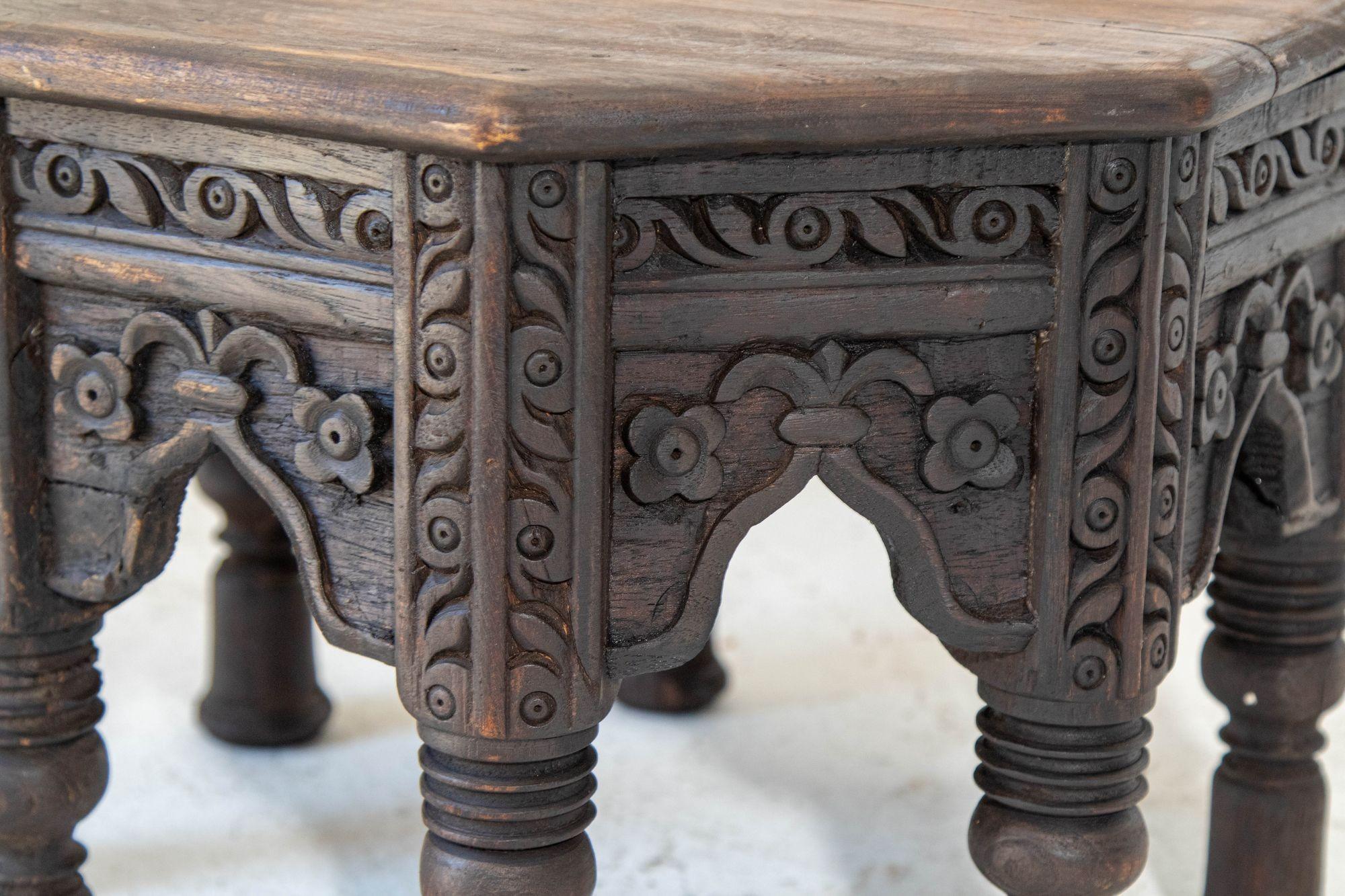 20th Century Antique 19th c. Octagonal Moorish Side Table Hand-carved with Geometric Design For Sale