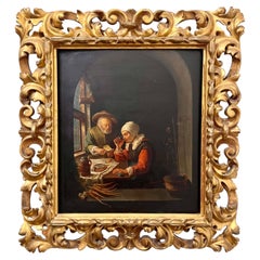 Antique 19th C Oil on Board Painting The Peasant Meal After Frans Van Mieris