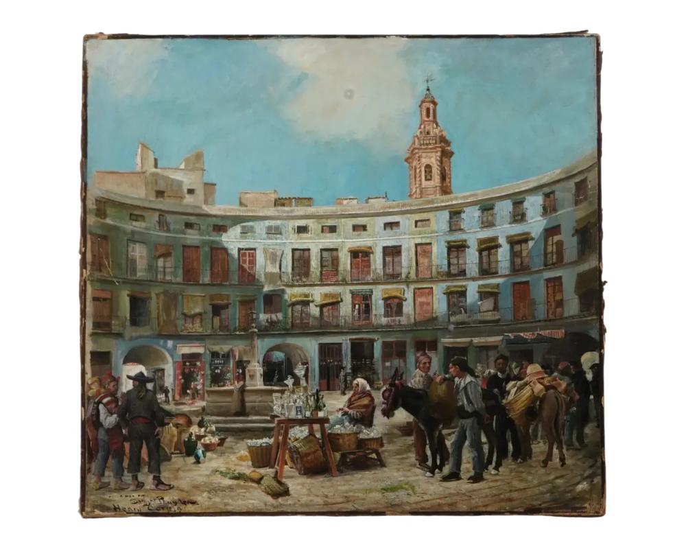 An antique 19th century oil painting on canvas called Plaza Redona, Valencia Spain by the American artist Henry Correja, born 1841. This masterfully painted artwork depicts a busy shopping day with people and animals at Plaza Redona in Spain, which