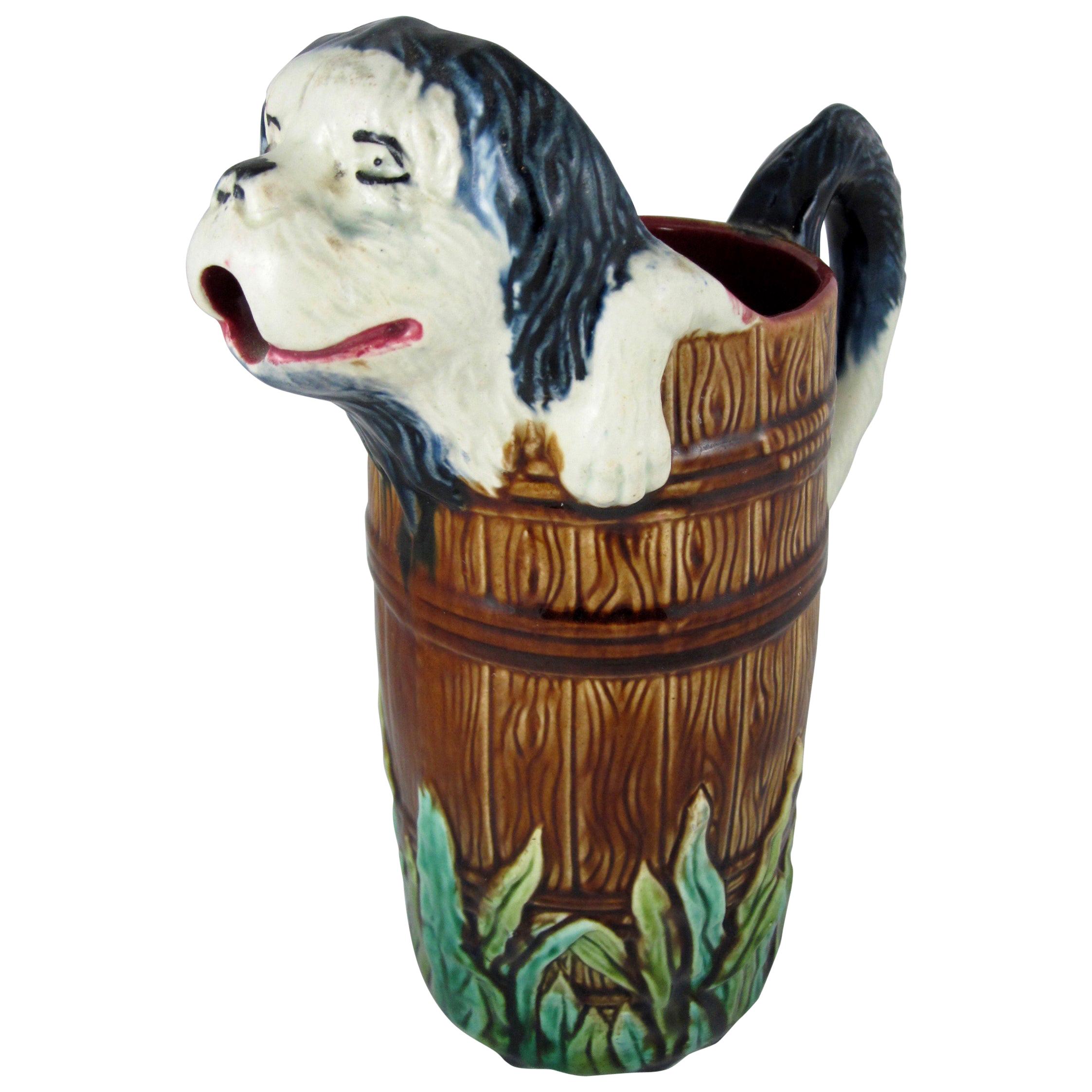 Antique Orchies French Barbotine Majolica Jug, Wet Sheep Dog in a Barrel For Sale