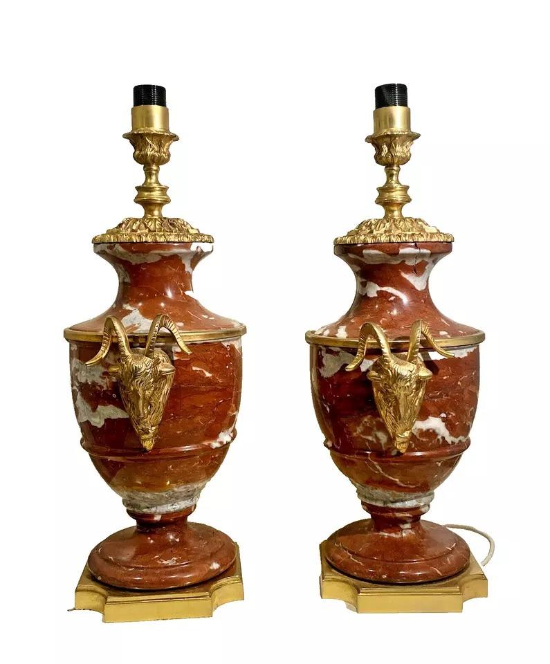 Antique 19th C Pair of French Cassolette Rouge Marble 
& Gilt Bronze Table Lamps

The marble is a superb rouge colour with a superb white grain flowing through like waves and look amazing when lit, to add a touch of vintage French elegance to your