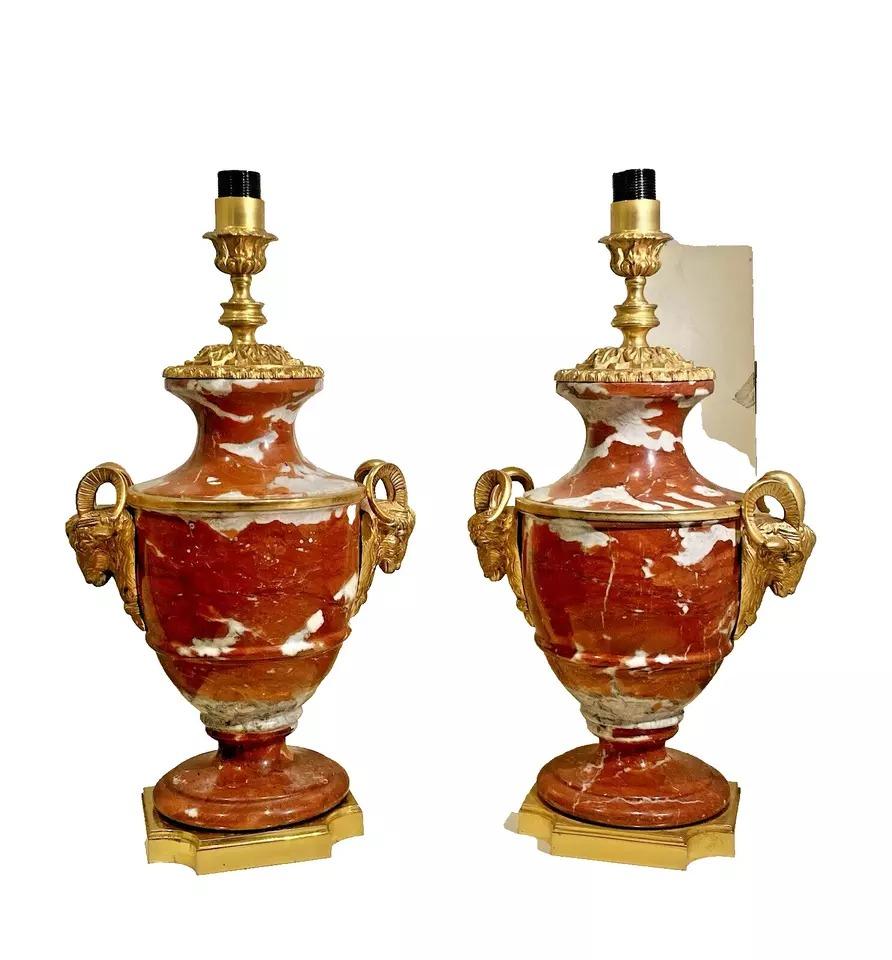 Antique 19th C Pair of French Cassolette Rouge Marble & Gilt Bronze Table Lamps In Excellent Condition In London, GB