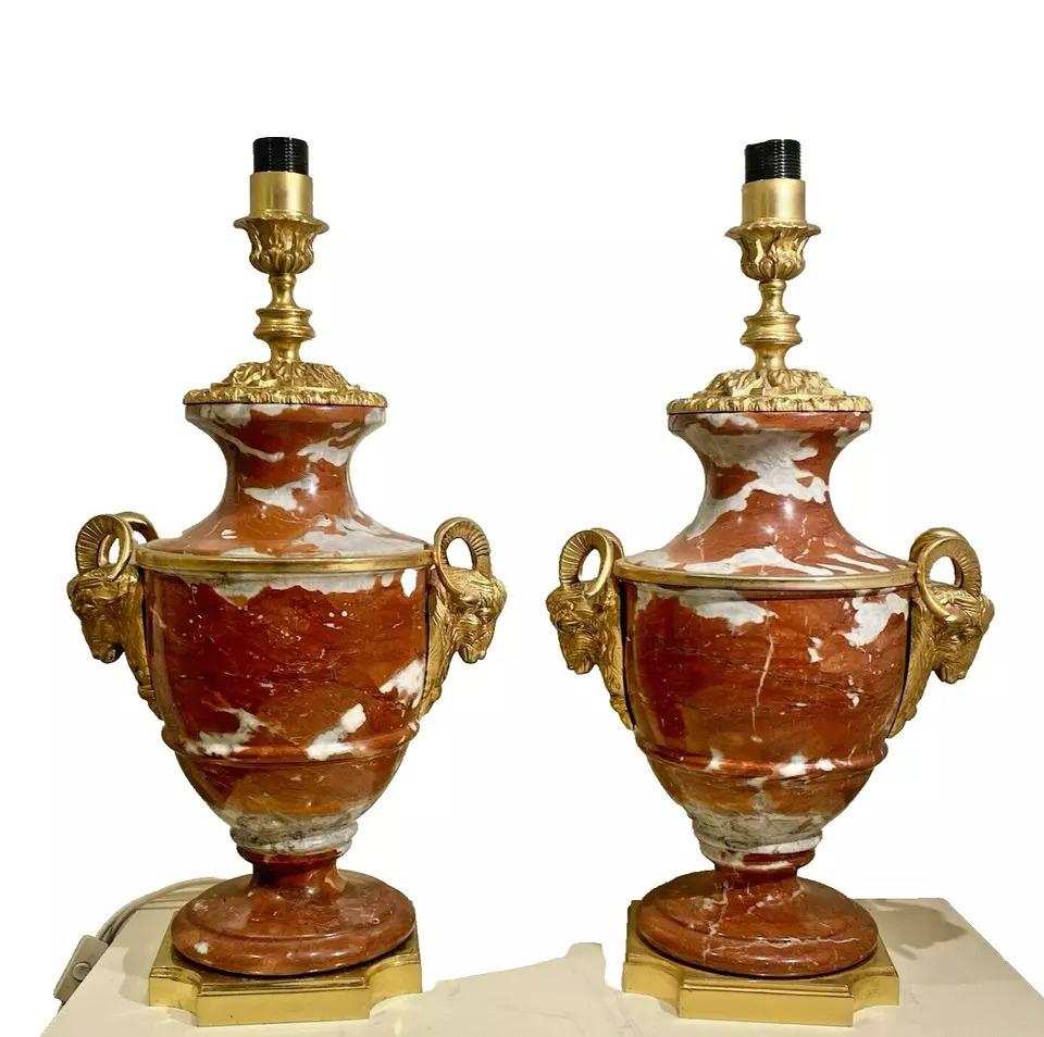19th Century Antique 19th C Pair of French Cassolette Rouge Marble & Gilt Bronze Table Lamps