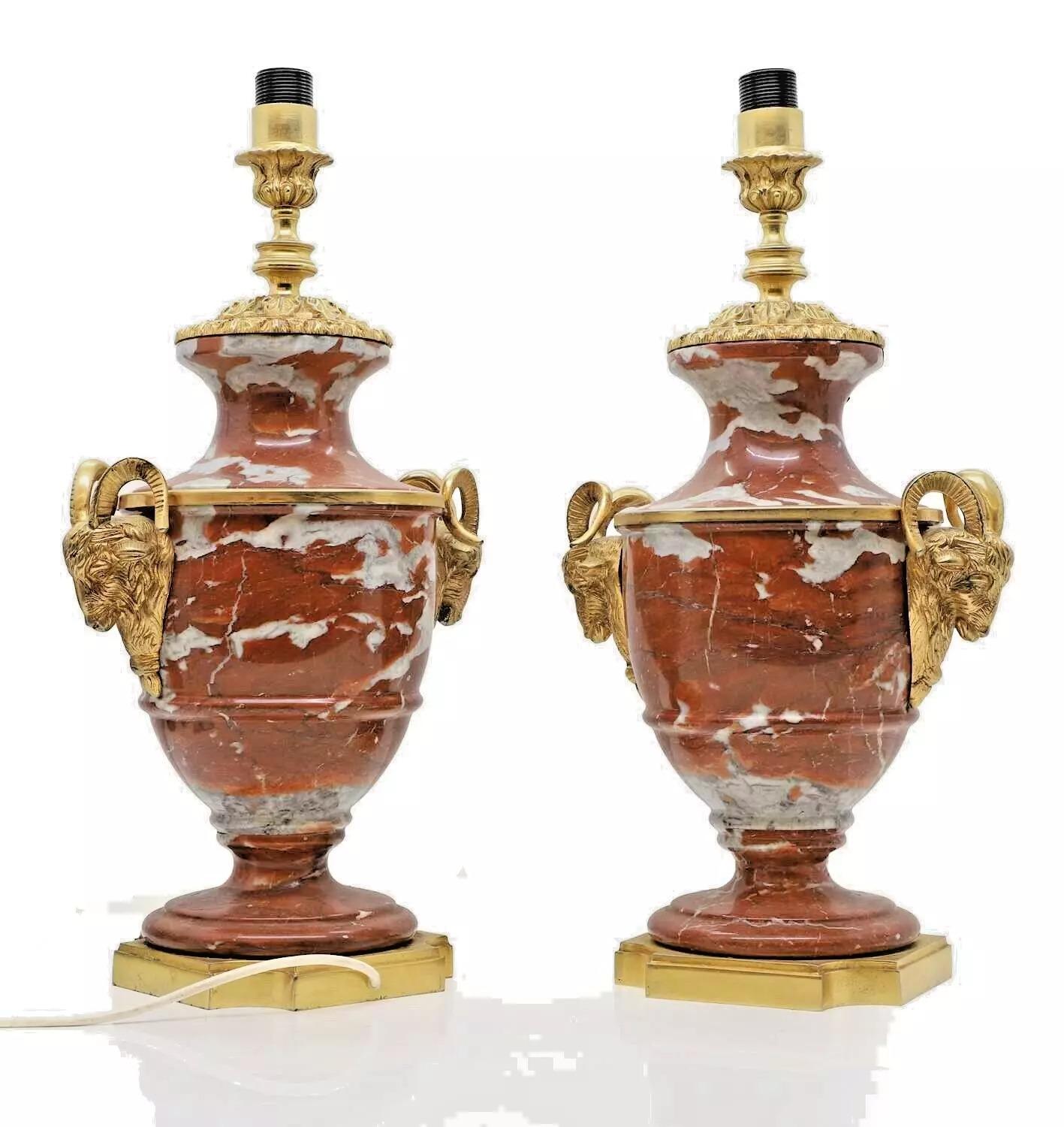 Antique 19th C Pair of French Cassolette Rouge Marble & Gilt Bronze Table Lamps 1