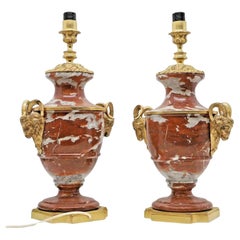 Antique 19th C Pair of French Cassolette Rouge Marble & Gilt Bronze Table Lamps