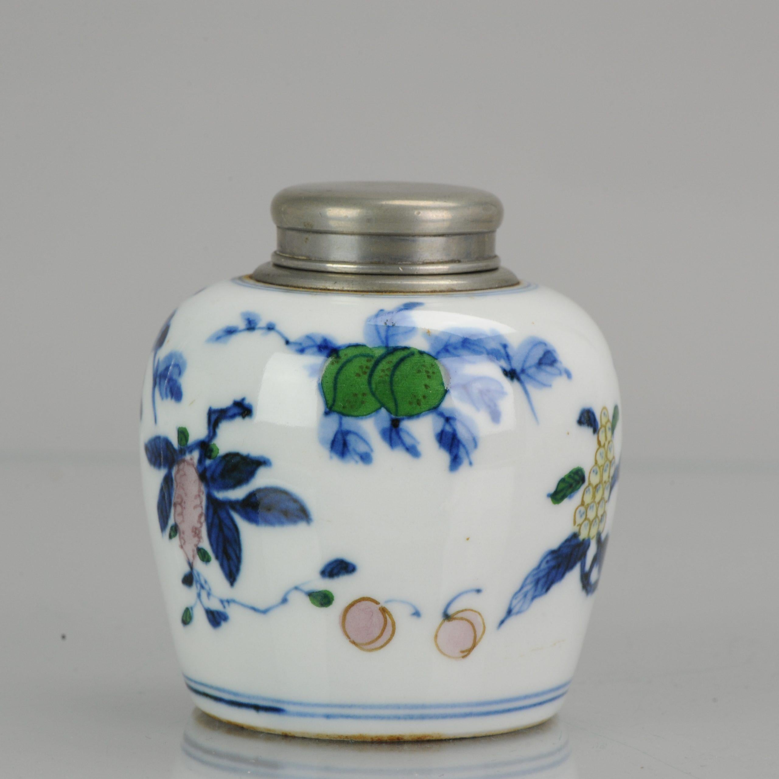 Lovely jar with a rare and unusual decoration. You can almost loose yourself in the painting.

Marked at base.

Guangxu period

 
Condition:
Overall condition 1 frit to brown enamel. Measures: 85mm high, 75mm width
Period:
19th century