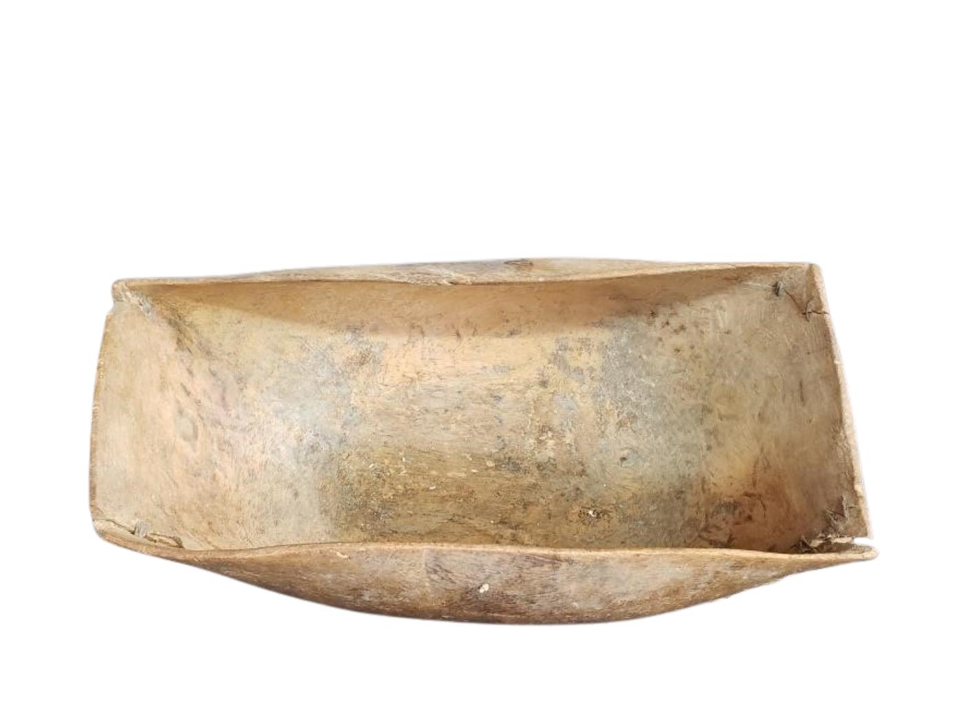 American Antique 19th C. Primitive Hand-Carved Wooden Dough Bowl with Stitch Repairs For Sale